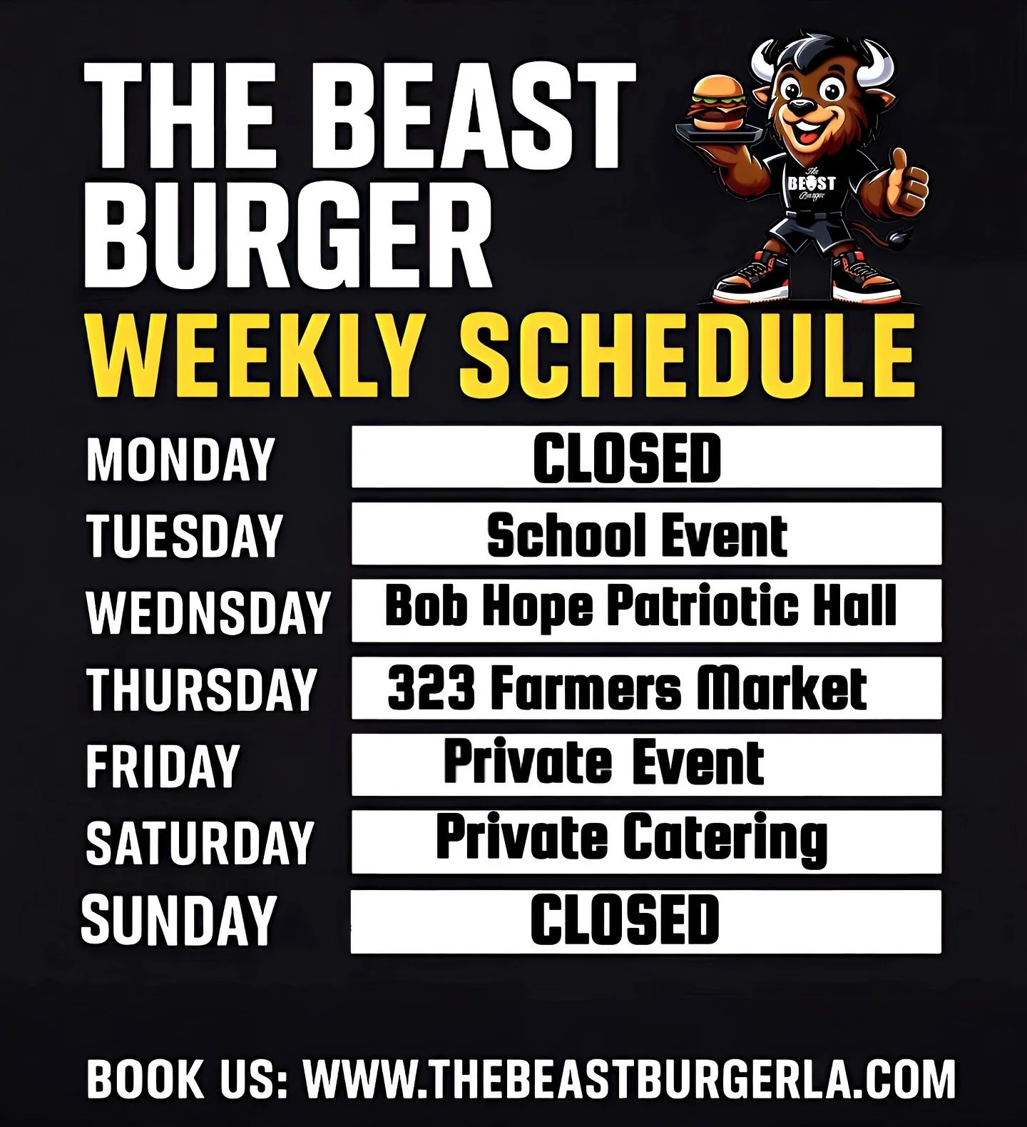 🚨 BEAST SCHEDULE ALERT 🚨
Here&rsquo;s where you can find us this week 👇🍔🐃

📍 Tuesday &ndash; School Event
📍 Wednesday &ndash; Bob Hope Patriotic Hall
📍 Thursday &ndash; 323 Farmers Market (don&rsquo;t miss our bison &amp; Anti-Beast burgers!)