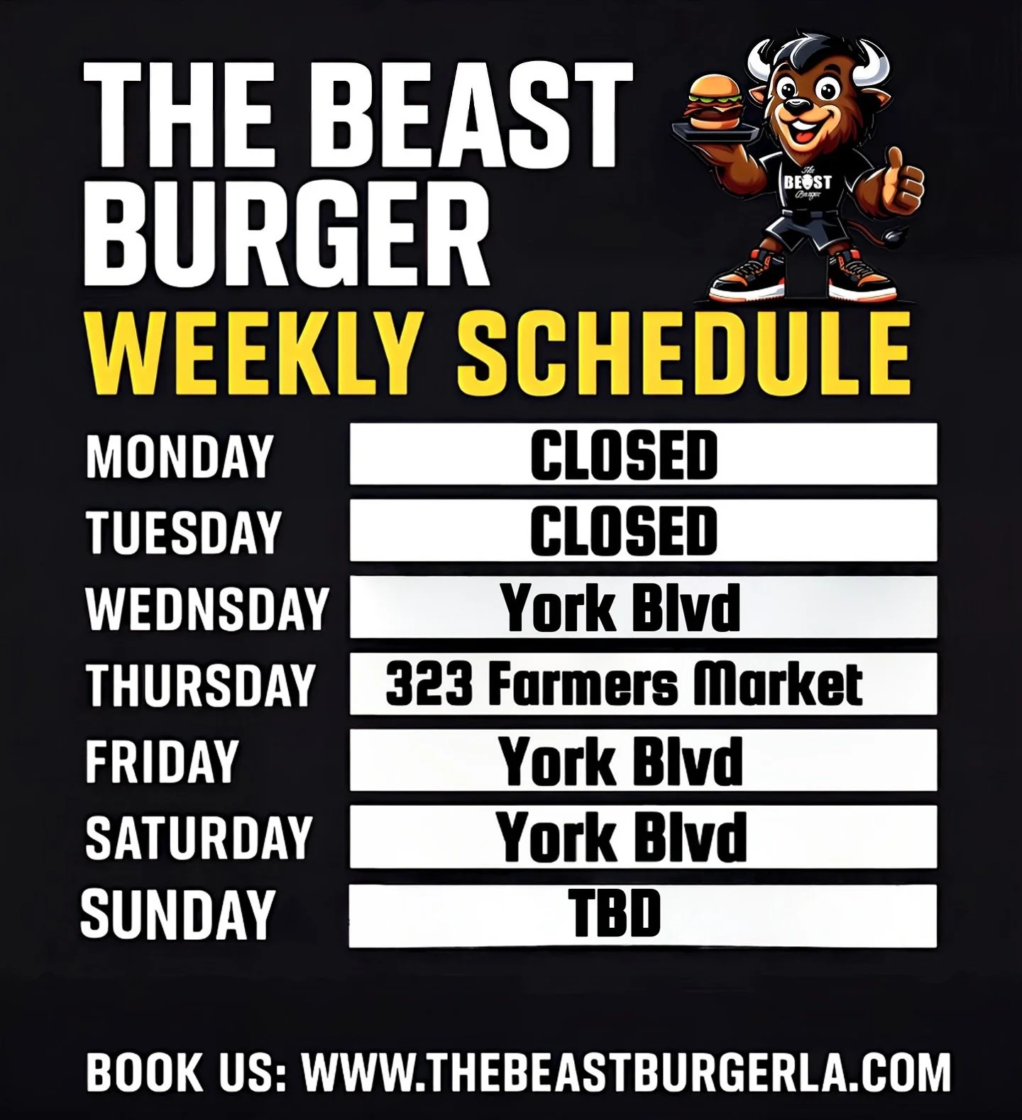 🚨 THE BEAST IS BACK ON YORK BLVD 🚨
You asked, we listened &mdash; we&rsquo;re bringing the heat ALL WEEK long on York Blvd 🔥🍔🦬

💥 Wednesday &ndash; York Blvd
💥 Friday &ndash; York Blvd
💥 Saturday &ndash; York Blvd

Plus, don&rsquo;t miss us e
