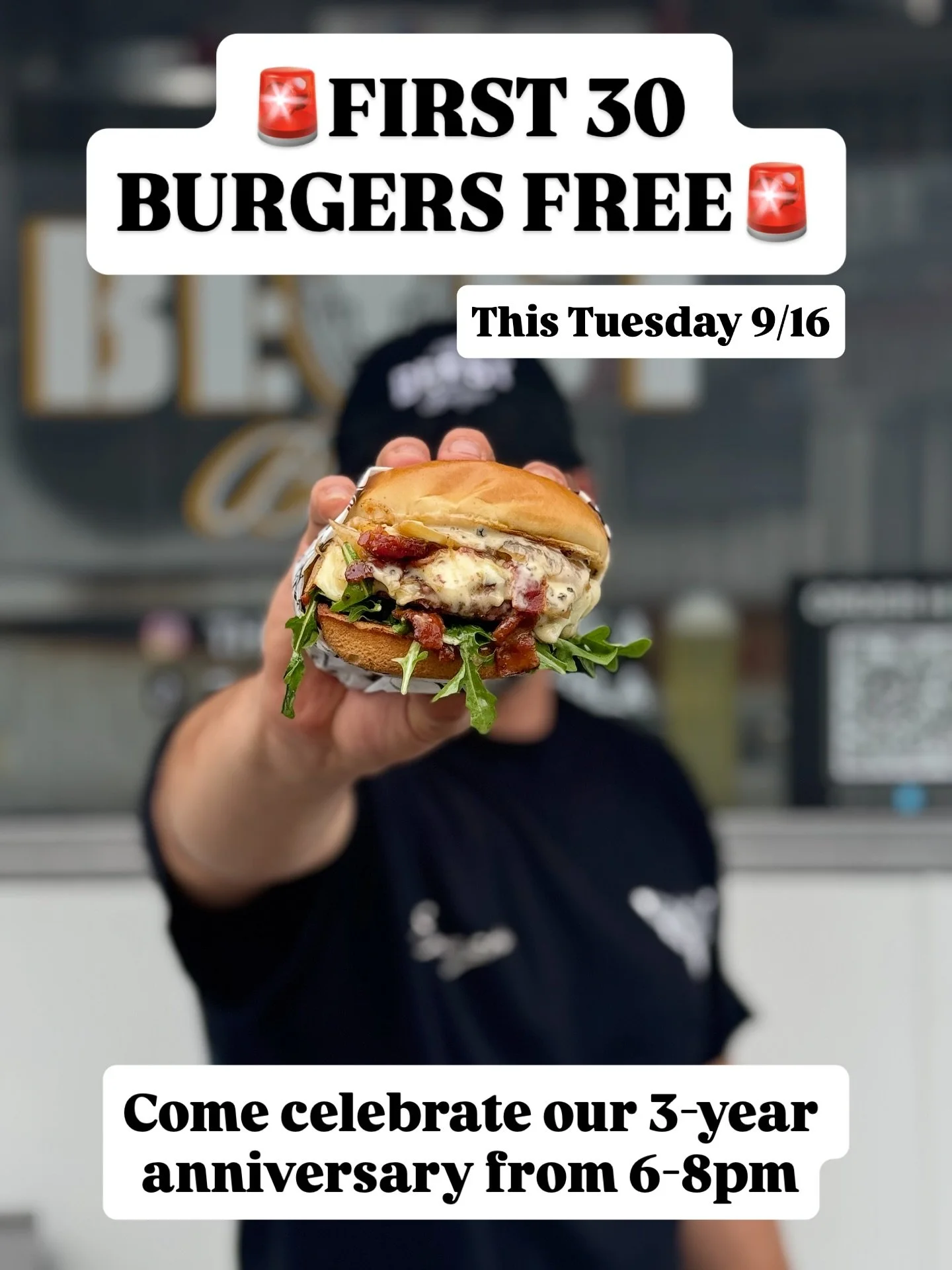 This Tuesday, 9/16 from 6&ndash;8PM, we celebrate our 3-Year Anniversary 🥳. And because we wouldn&rsquo;t be here without you, the first 30 burgers are FREE (10 for every year in business 🦬🔥).

Pull up, celebrate with us, and let&rsquo;s keep buil