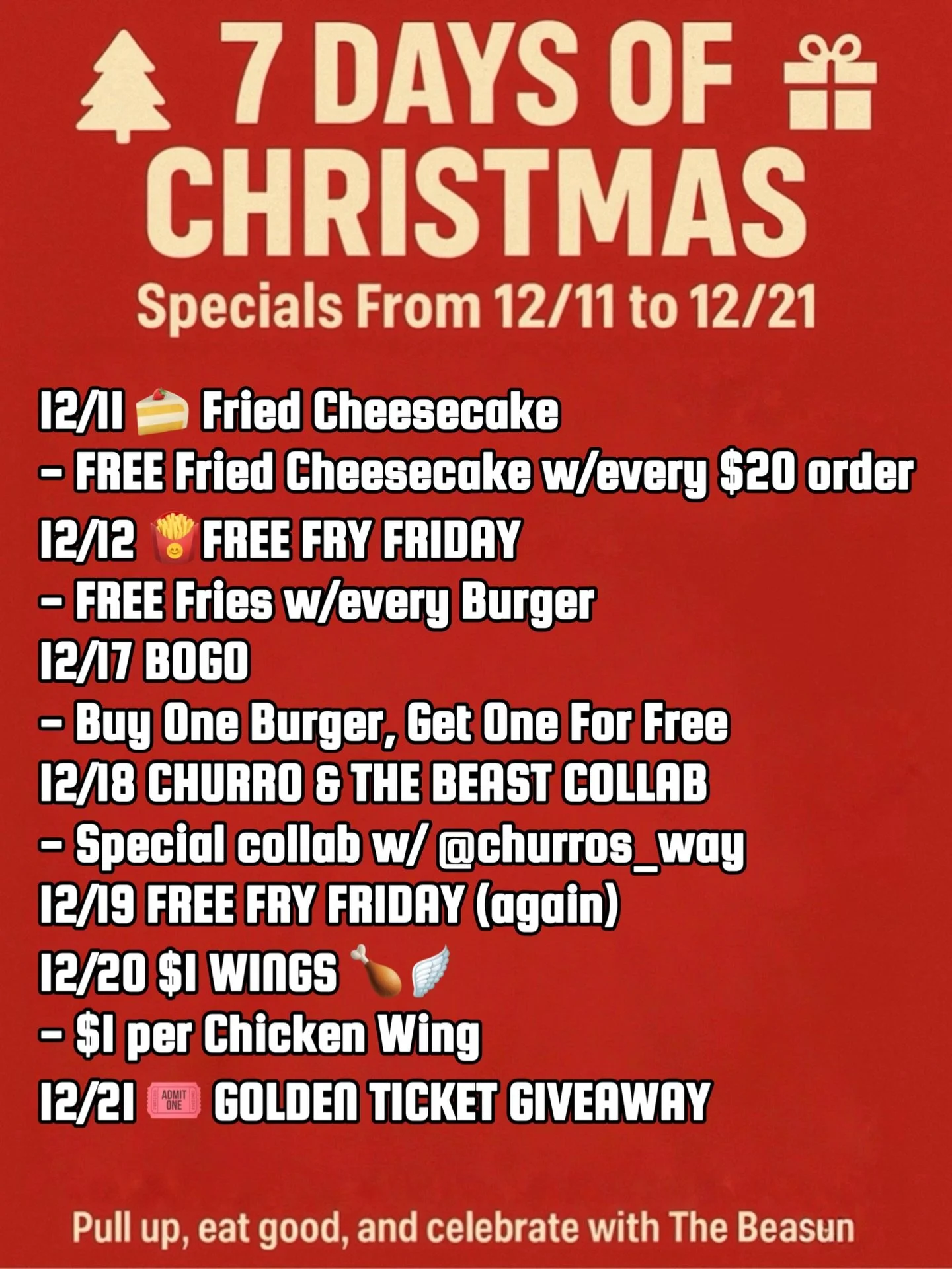 Our 7 Days of Christmas specials are locked in 🎁🔥
But circle 12/18 because
✨ THE CHURRO &amp; THE BEAST COLLAB x @churros_way ✨
is the holiday event of the year.
Don&rsquo;t say we didn&rsquo;t warn you 😮&zwj;💨🍫

The rest of the week?
Free fries