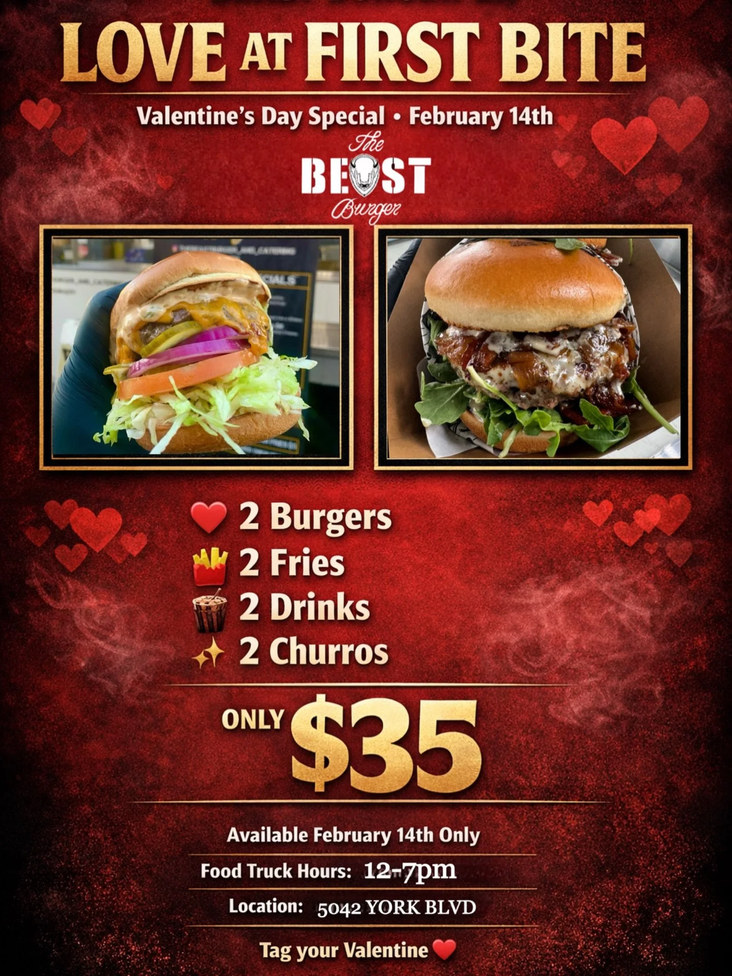 Roses are red 🌹
Burgers are better 🍔

Celebrate Valentine&rsquo;s Day the Beast way ❤️
2 Burgers &bull; 2 Fries &bull; 2 Drinks &bull; 2 Churros
$35

Available February 14th only.
Tag your forever bite 💋
#losangeles #burgers #valentines #bundle #f