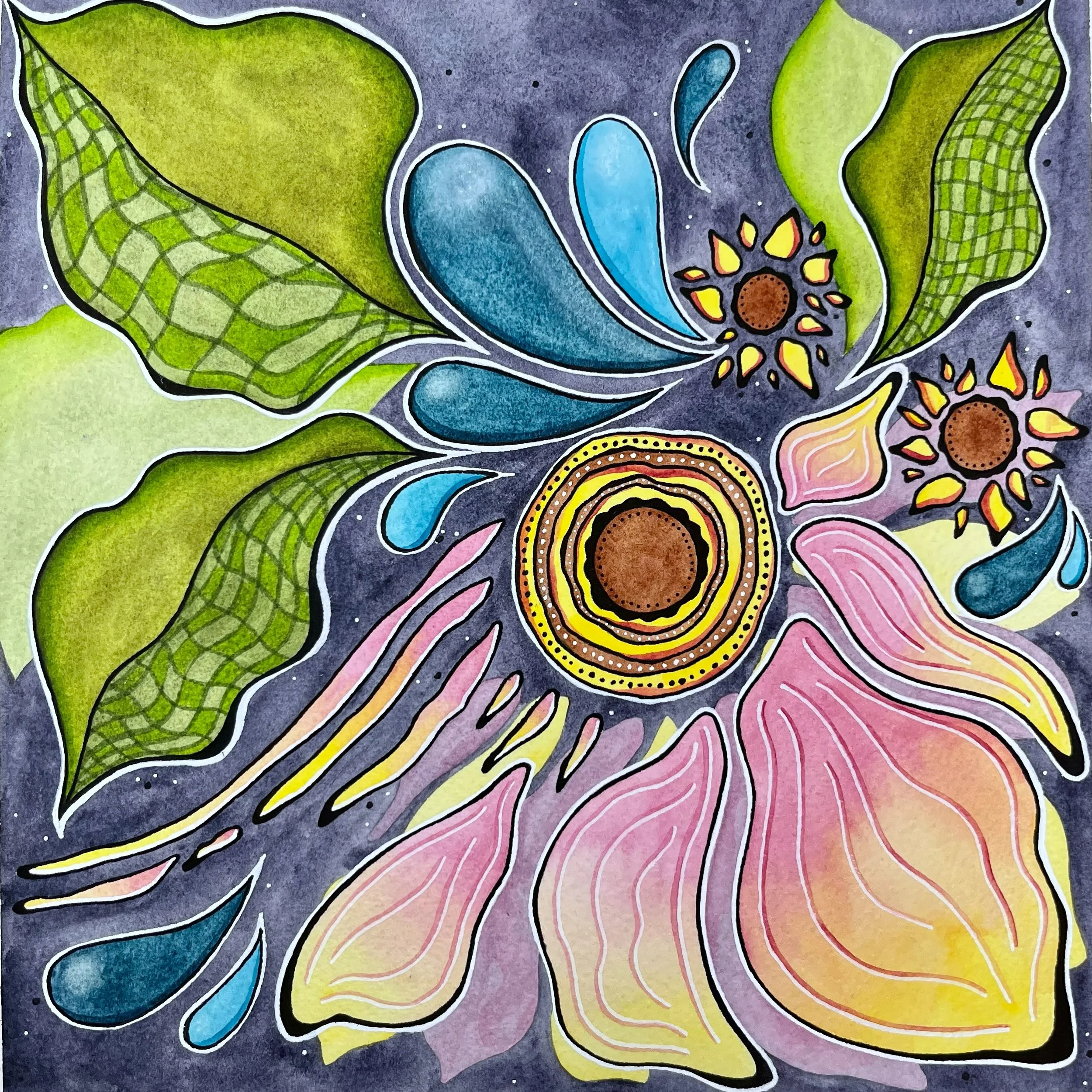 Blossoming • watercolor & pen • 10"x10" • 2025