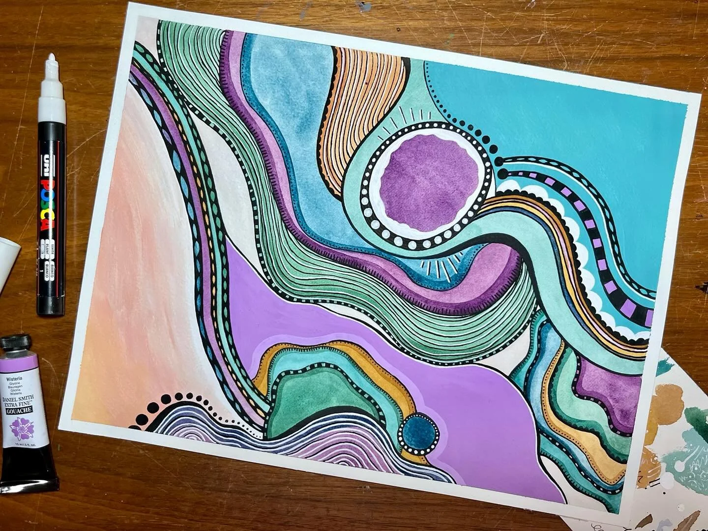 inside a soft moon
watercolor, pen, acrylic, gouache
•••
This painting went through a few different stages as I tried to figure it out. I ended up using some gouache and acrylic because I liked the super solid colors, and luckily my p