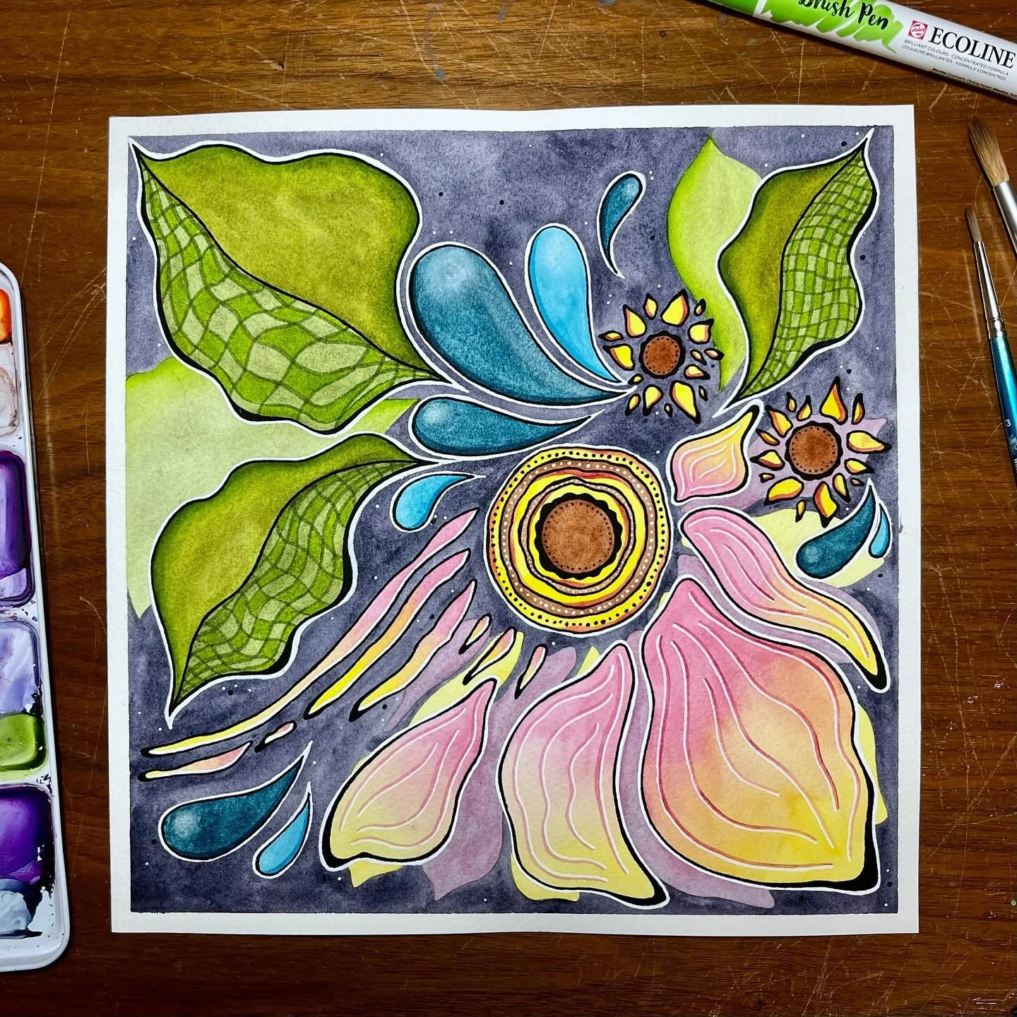 blossoming
&bull;&bull;&bull;
Fun flower painting 🌸 I actually didn&rsquo;t like the first version of this piece (last slide) once I added the stem and clouds (although I really love the clouds on their own). I wanted the petals and leaves to be the