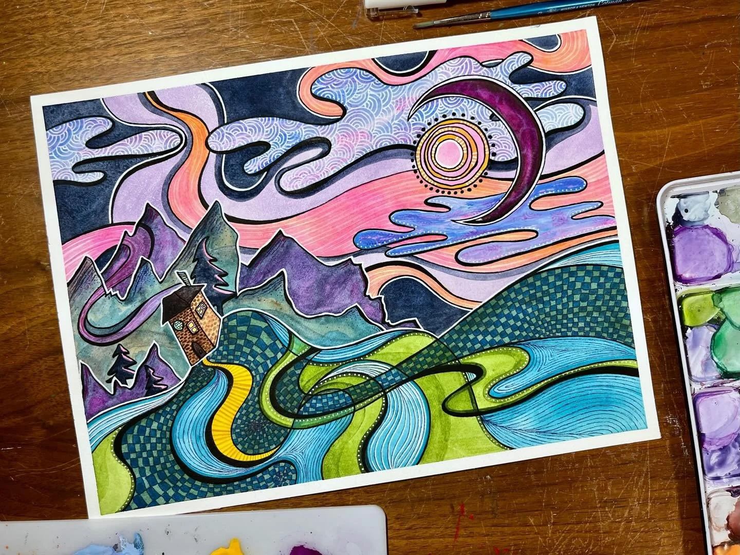 twilight comes with a song
&bull;&bull;&bull;
Fun fact: I almost cut up this painting 😆 I didn&rsquo;t like how the clouds originally turned out but I loved the bottom part with the hills and mountains, so I really considered just cutting off the pa