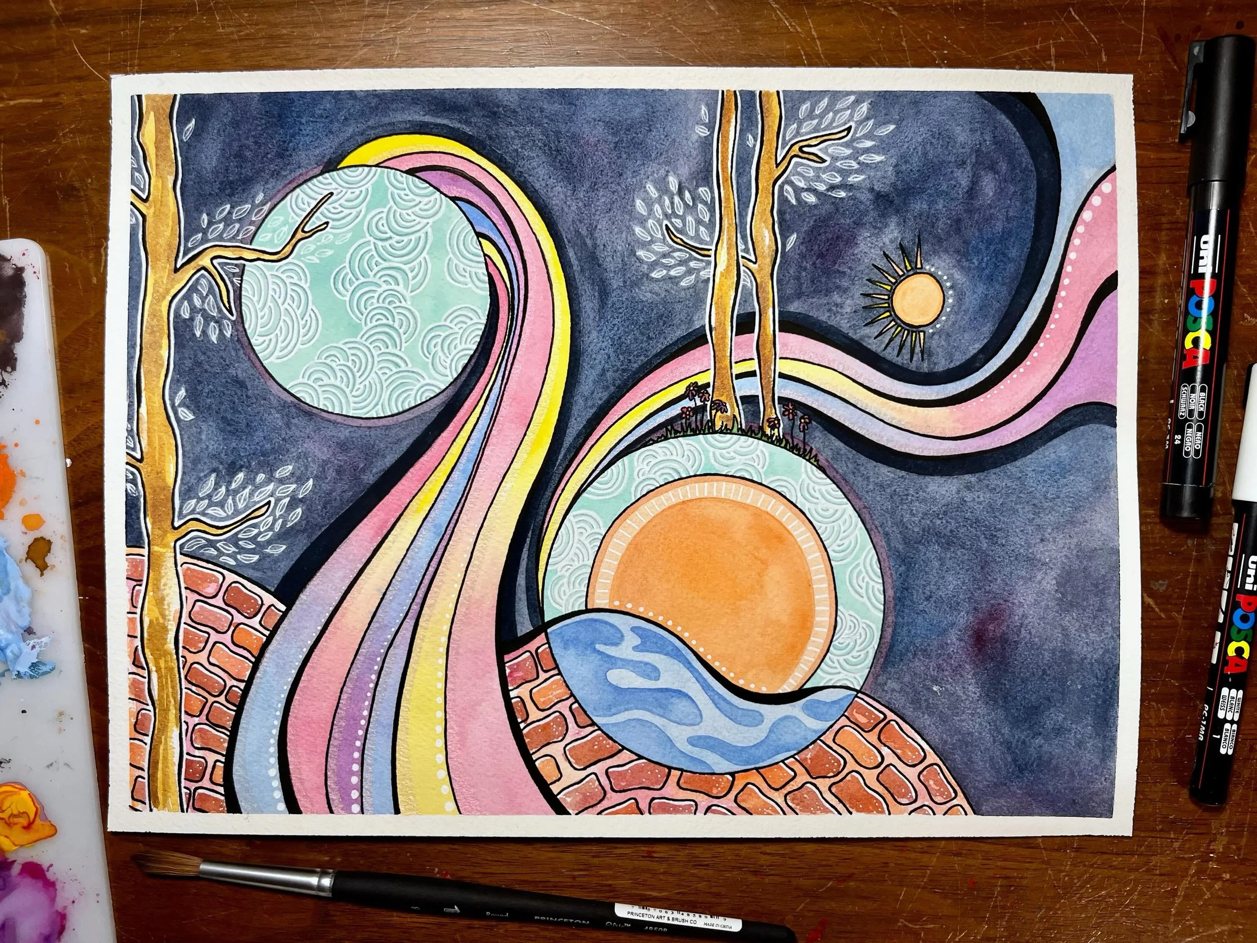 wandering through time 
&bull;&bull;&bull;
No direct inspiration for this one, just having fun with colors, iridescence, and fitting things together ☀️
.
.
.
.
.
#watercolor #abstractwatercolor #abstractlandscape #danielsmith #posca