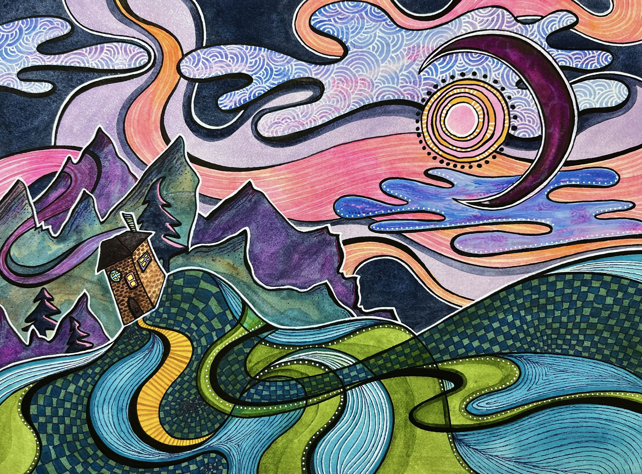 Twilight Comes With a Song • watercolor, pen, gouache • 9"x12" • 2026