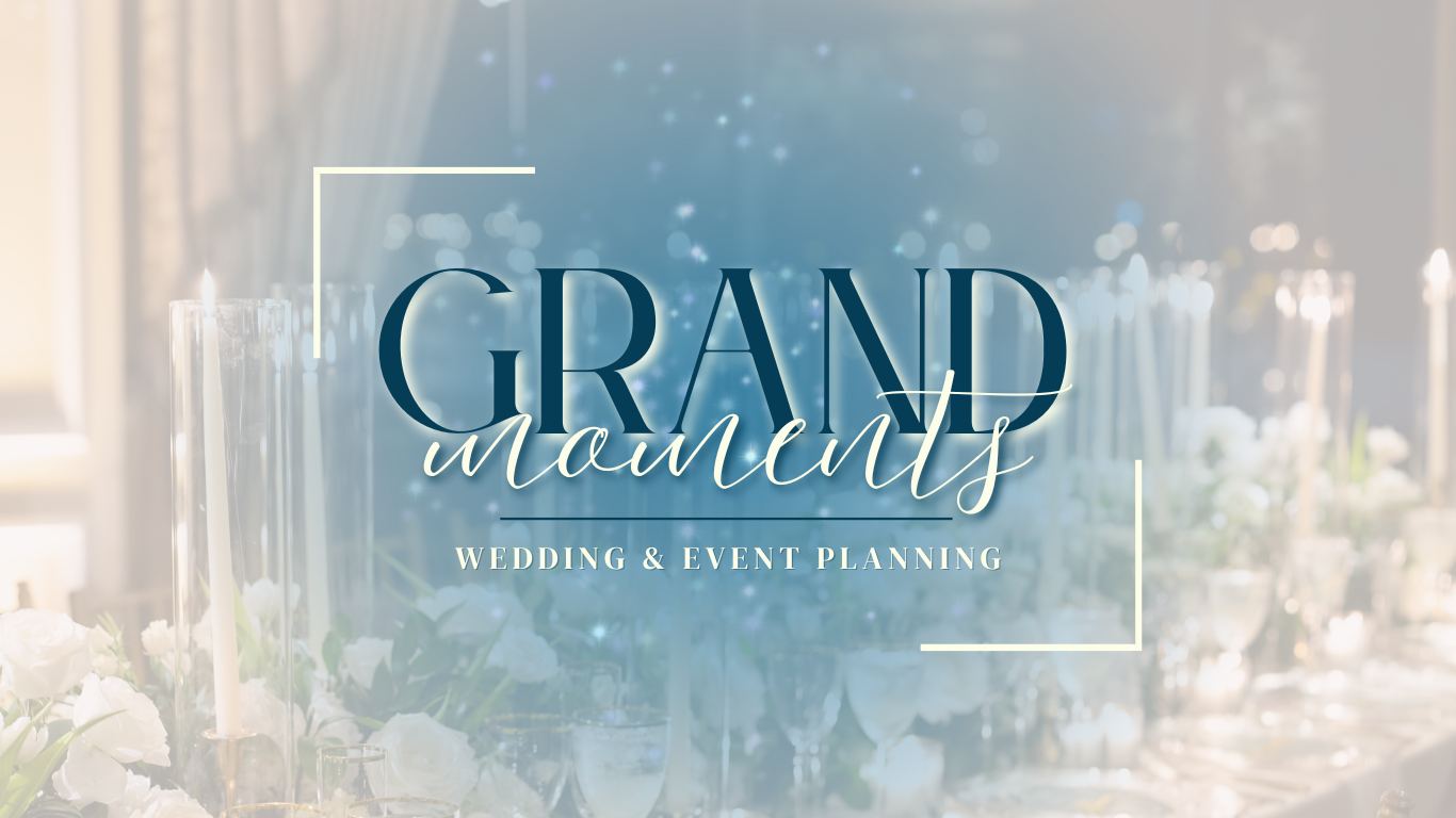 Elegant wedding table setup with text overlay "Grand Moments: Wedding & Event Planning."