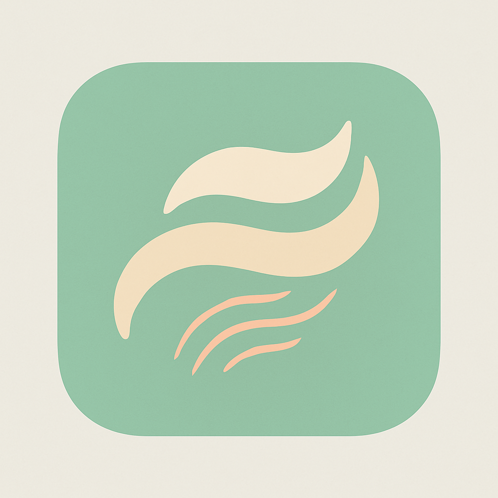 Abstract design with flowing curves in cream and peach colors on a light green background, resembling wind or waves.