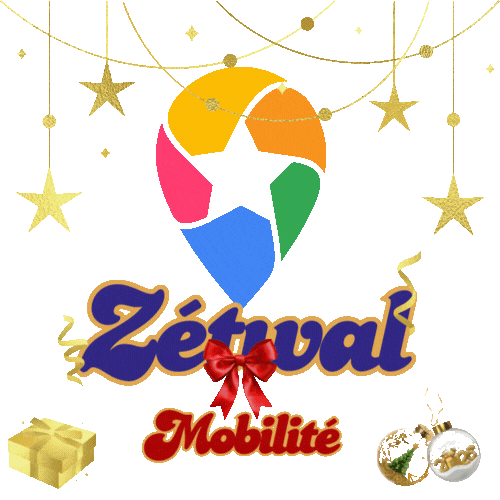 Une image avec des décorations de Noël, un logo avec une étoile et le texte 'Zétual Mobilité', une boîte cadeau et deux boules de Noël