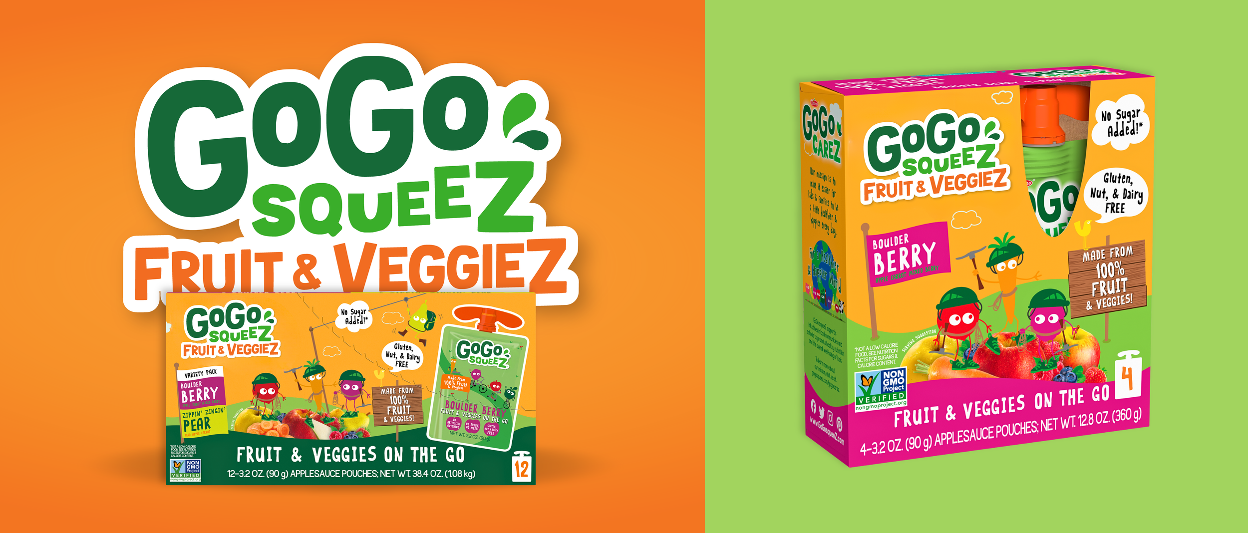 Packaging for GoGo Squez Fruit & Veggiez on the Go, including a box and a bottle, with colorful illustrations of fruit and cartoon characters, emphasizing that the product contains no sugar added, is gluten, nut, and dairy free, made from 100% fruit