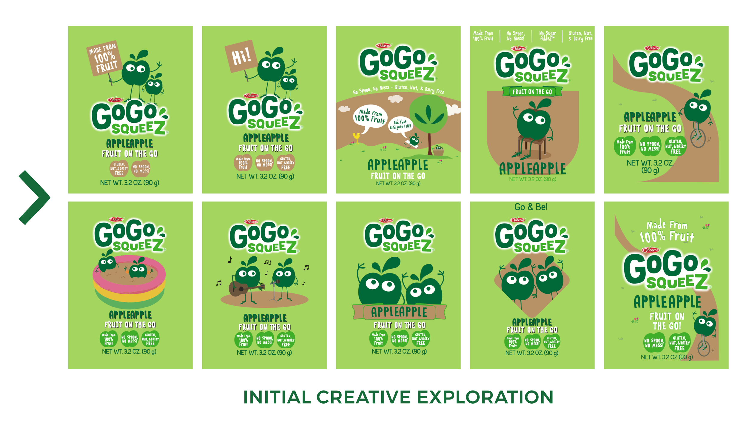 A grid of ten apple-flavored GoGo SqueeZ fruit snack packages with various cartoon apple characters, some with musical instruments, some with text like 'Hi!', 'Go & Be!', and 'Made from 100% Fruit'. The packages are green with additional colorful gra