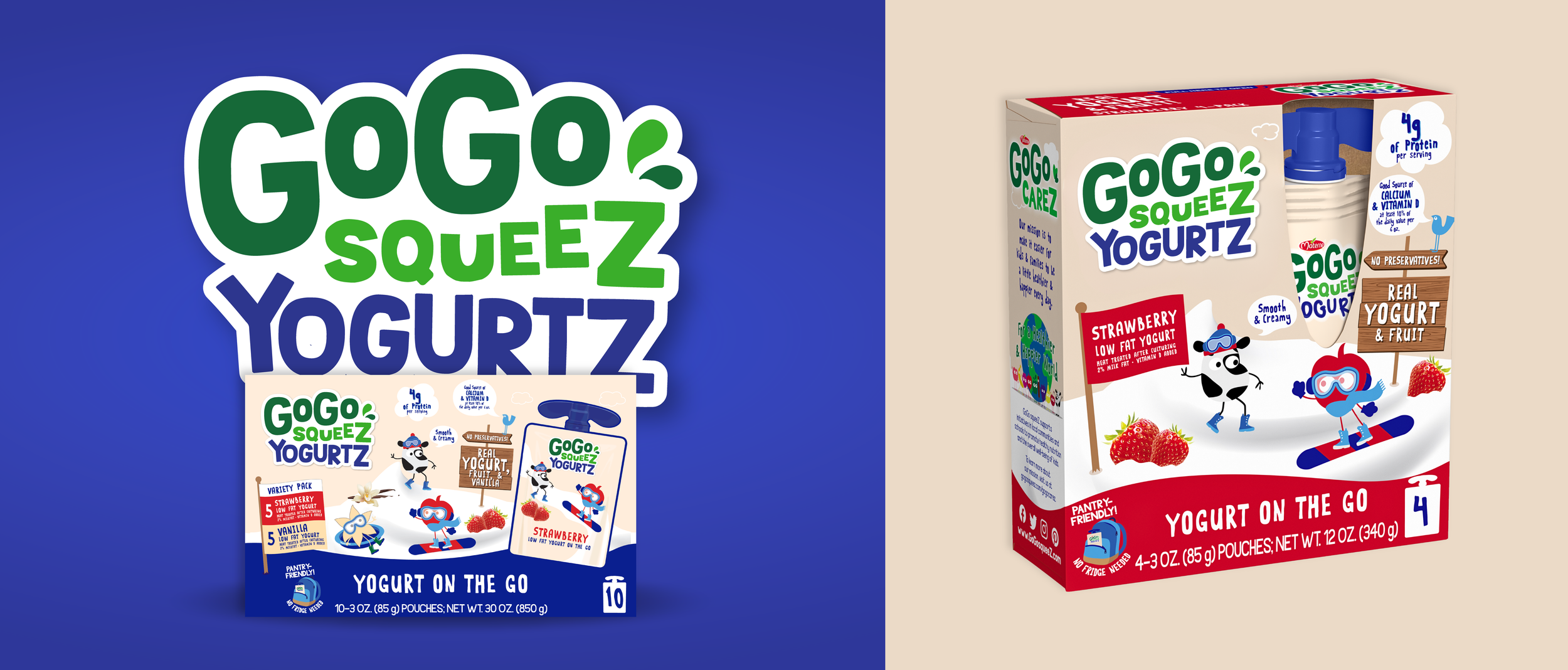 Product packaging for Gogo Squeezz Yogurtz in strawberry flavor, featuring cartoon illustrations of cows and kids in goggles, with images of strawberries and yogurt pouch, emphasizing low fat, no preservatives, and rich in protein, calcium, and vitam