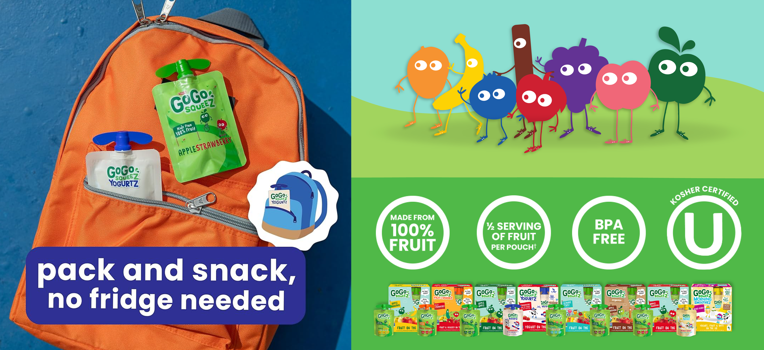 An orange backpack with snack pouches of GoGo SqueeZ fruit and yogurt on its exterior pocket, set against a blue background. The right side features a colorful illustrated garden scene with cartoon fruit characters and branding for GoGo SqueeZ, highl
