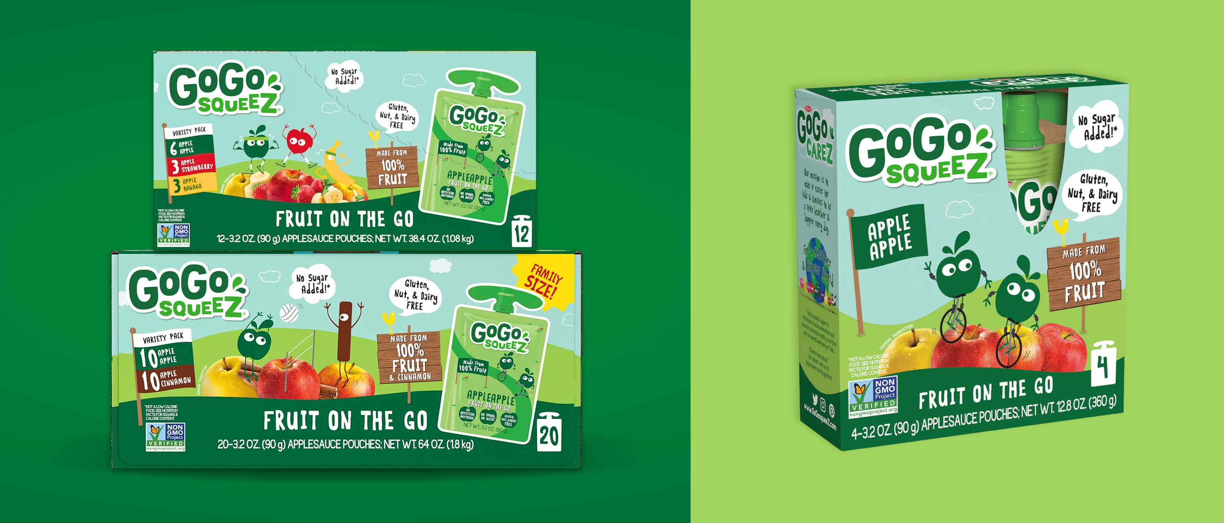 Packaging for Gogo Squeez fruit on the go pouches in variety packs and a box, featuring cartoon apples with faces riding bicycles, with text indicating no sugar added and free from gluten, nuts, and dairy.
