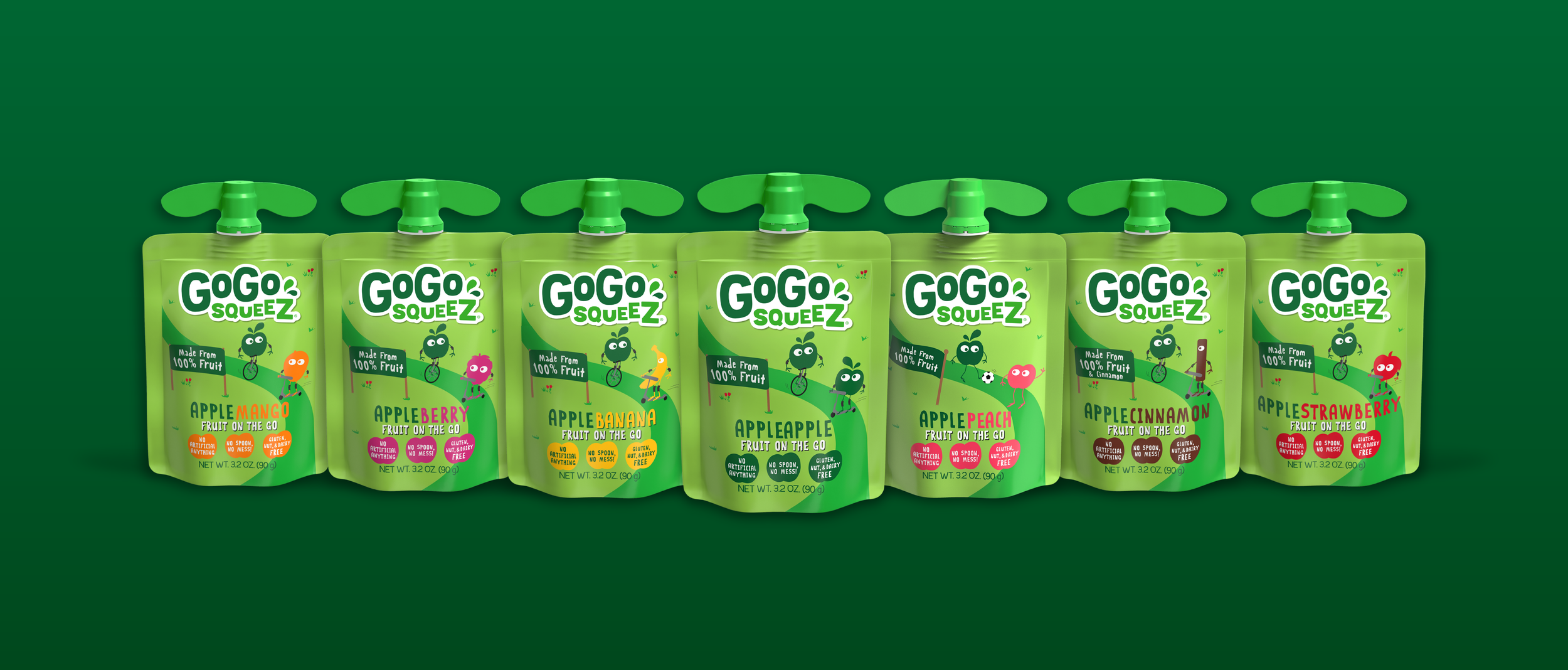 Lineup of seven GoGo SqueeZ fruit pouches in green with twist-open caps, featuring different flavors: Apple Mango, Apple Berry, Apple Banana, Apple Apple, Apple Peach, Apple Cinnamon, and Apple Strawberry, on a green background.