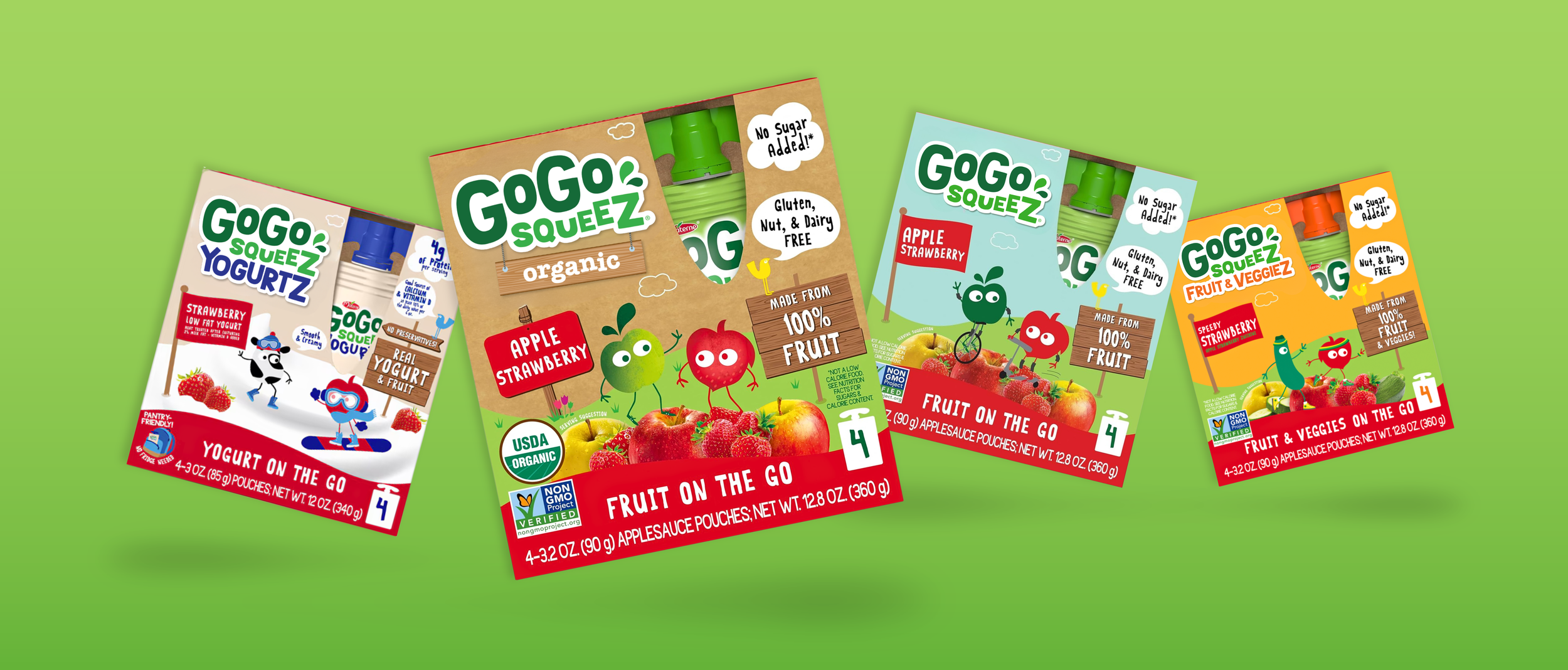 Four packages of Gogo Squeez fruit & veggie pouches in various flavors, including yogurt, organic apple strawberry, and fruit & veggie, with vibrant colorful packaging on a green background.