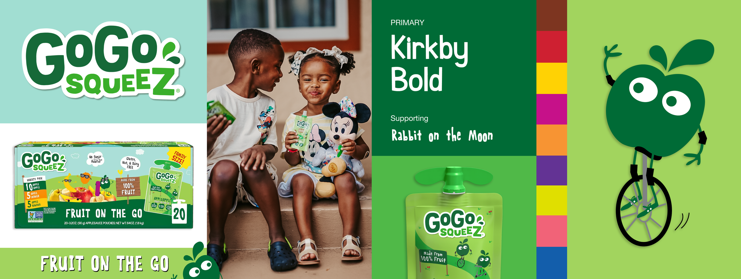 A colorful promotional display for GOGO SQUEEZ fruit snacks featuring children eating and holding the product, with illustrations of a green character on a unicycle, and information about the product, including the flavor 'Kirkby Bold' and a supporti