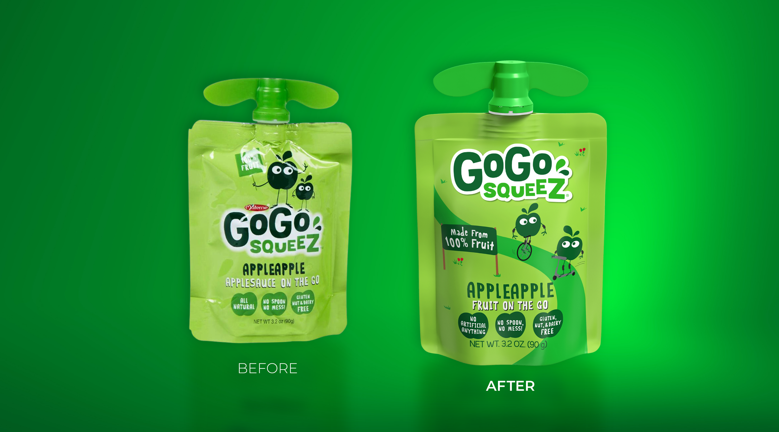 Comparison of two GoGo Squeez apple sauce pouches, showing a smaller, worn label on the left labeled 'BEFORE' and a larger, new label on the right labeled 'AFTER', both with green backgrounds, cartoon fruit characters, and similar text about being ma