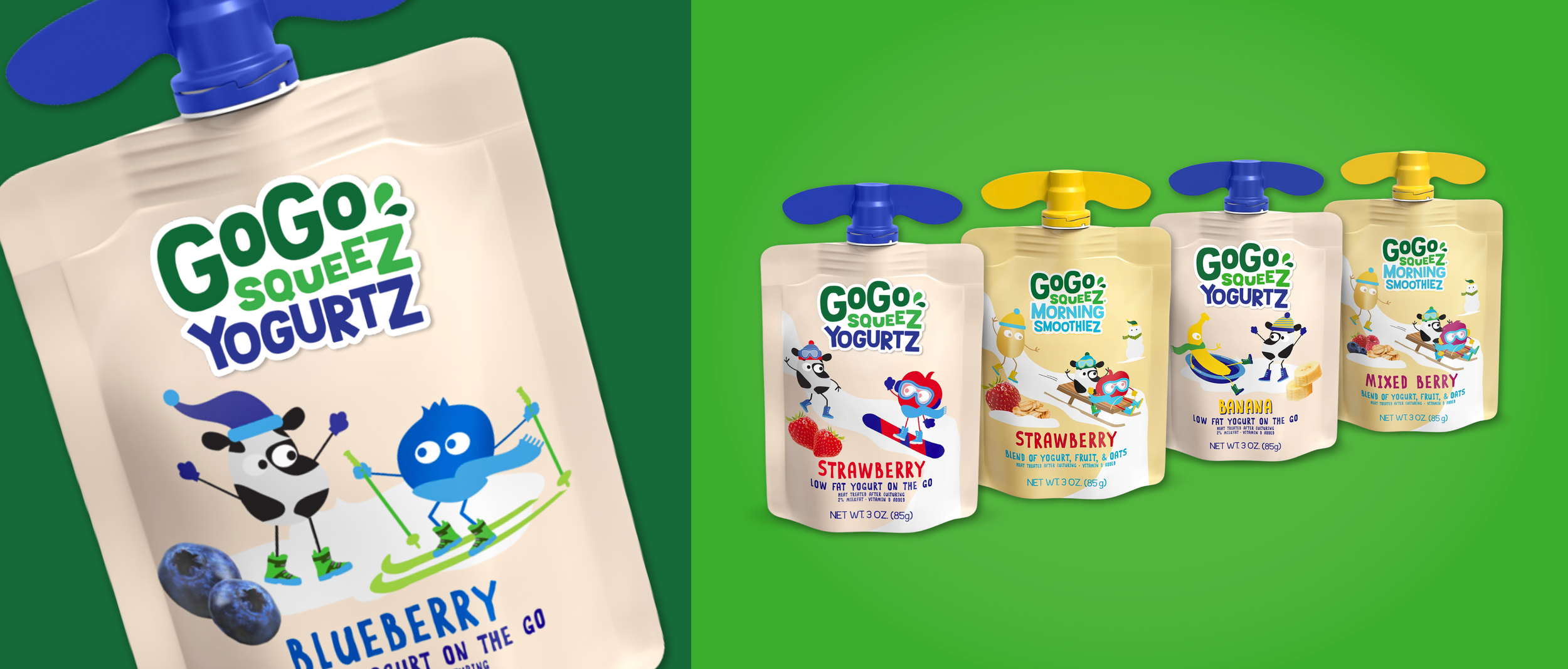 assortment of GoGo SqueeZ yogurt pouches with cartoon animal characters on a green background