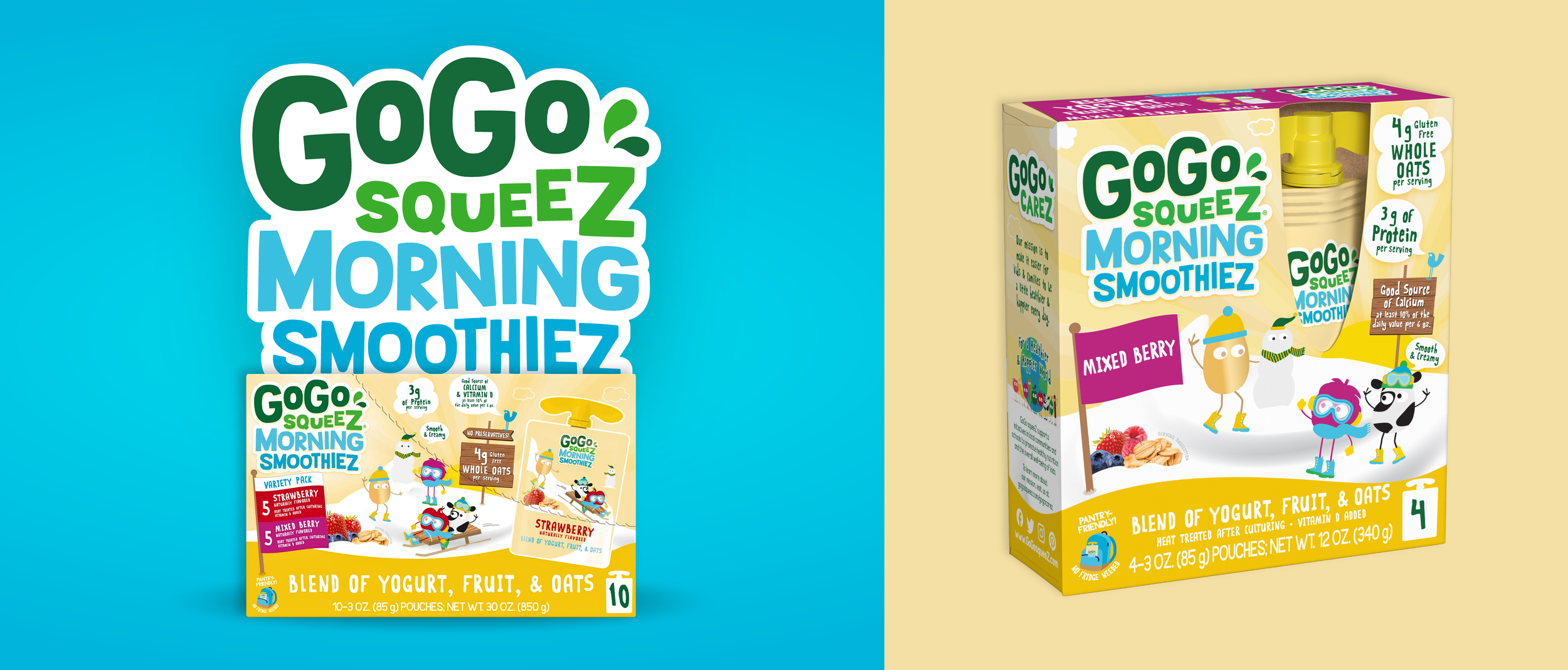 Packaging of Gogo Squee Zer Morning Smoothies, mixed berry flavor, featuring cartoon characters and healthy ingredients, with product details about whole oats, protein, calcium, and vitamin D.