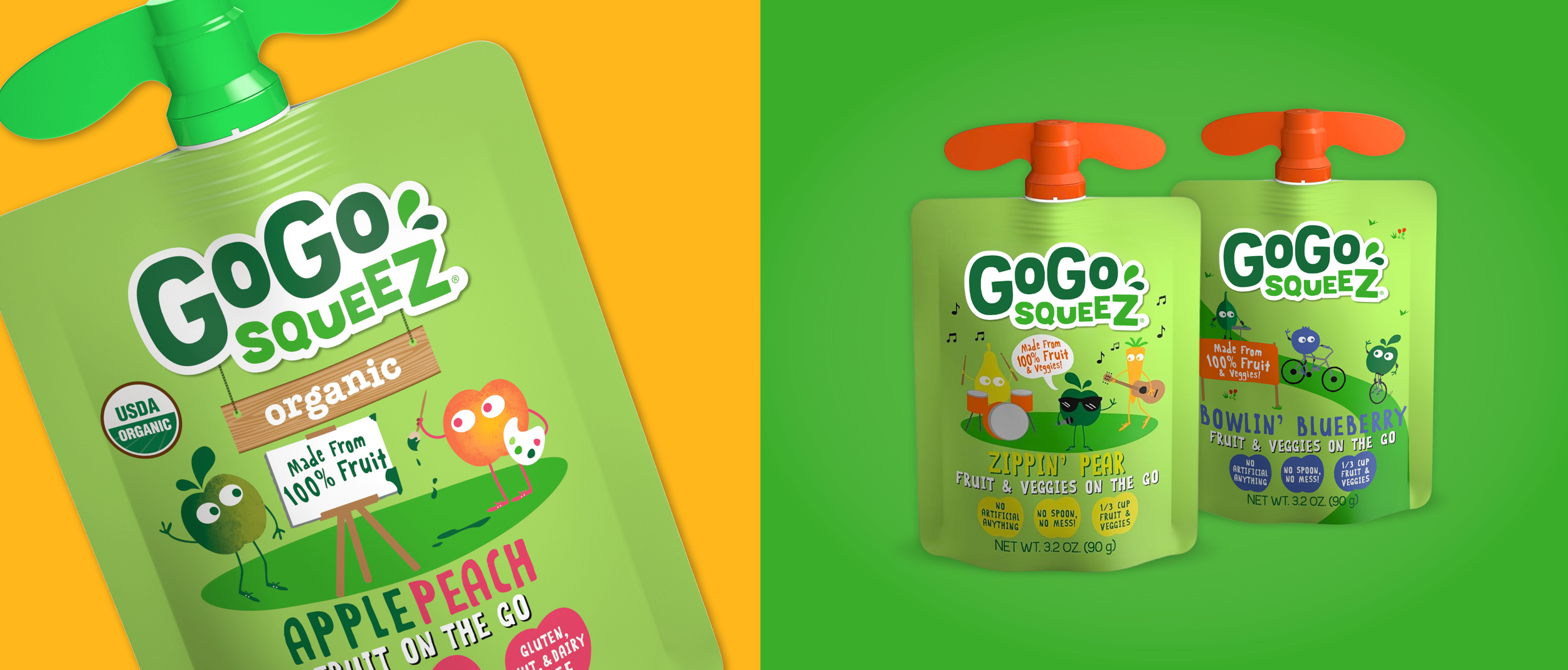 Two sets of GOGO SQUEEZ fruit and veggie squeezable pouches on colorful backgrounds. One apple peach flavor with a green background, and one ZIPPIN' PEAR flavor with a green background, and a blueberry flavor with a green background.