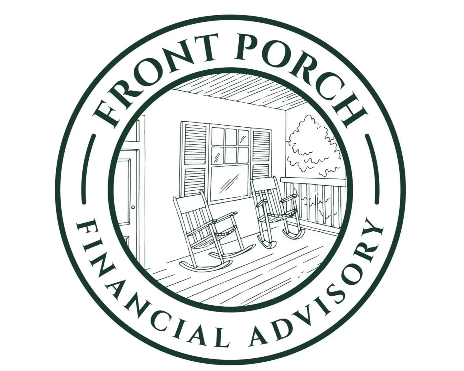 Illustration of a porch with two rocking chairs, a window with shutters, a door, and a railing, surrounded by a circular border with the text 'Front Porch Financial Advisory'.