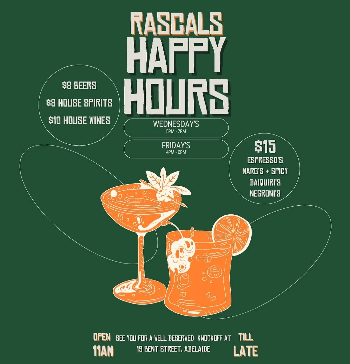 Clock out, rock up, and treat yourself to Rascals Happy Hour

$8 tins, $8 sins (house spirits) and $10 select wines to wash away your sorrows. ➕ $15 select cocktails if you&rsquo;re feeling frisky🍹

Wednesdays 5&ndash;7 | Fridays 4&ndash;6
Rascals H