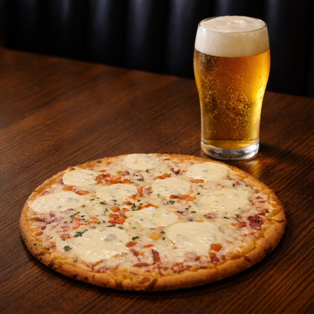 A pizza with cheese and small chunks of ham on a wooden table next to a glass of beer.