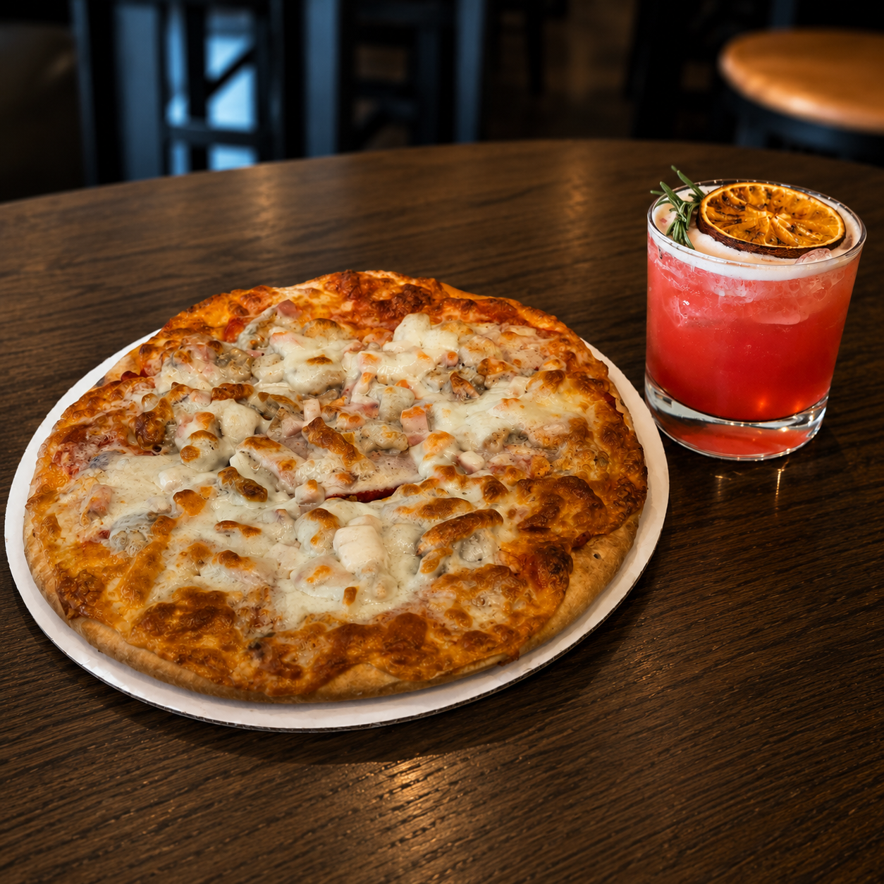 A pizza topped with cheese and various meats on a white tray, with a red cocktail garnished with orange slices and herbs on a dark wooden table.