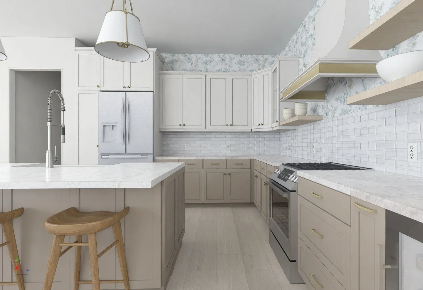 This Lakewood Ranch Country Club kitchen is about to get a serious refresh. This 3D rendering shows the finish selections, a reworked island, two toned painted perimeter cabinets, a statement hood, floating shelves, glass cabinets, and the kind of wa