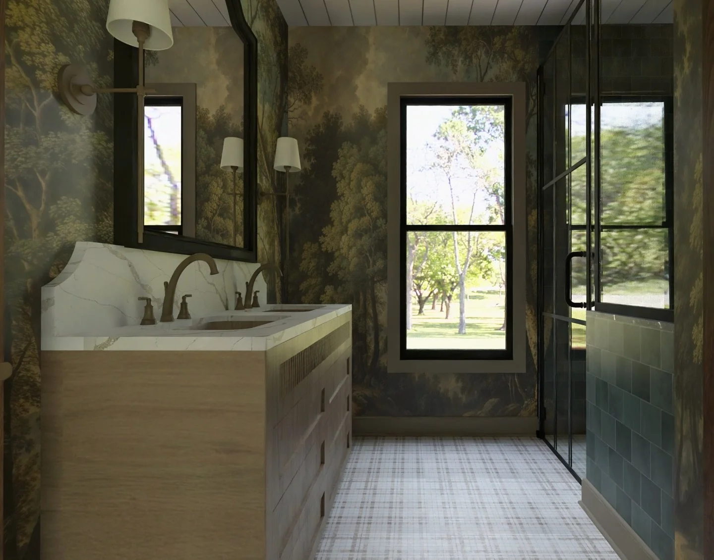 The plaid floor tile is doing more work than you think.

Layered beneath the mural, green tile, warm wood, and veined stone, it quietly anchors the entire space. Mixing patterns like this only works when scale, tone, and texture are balanced.

And th