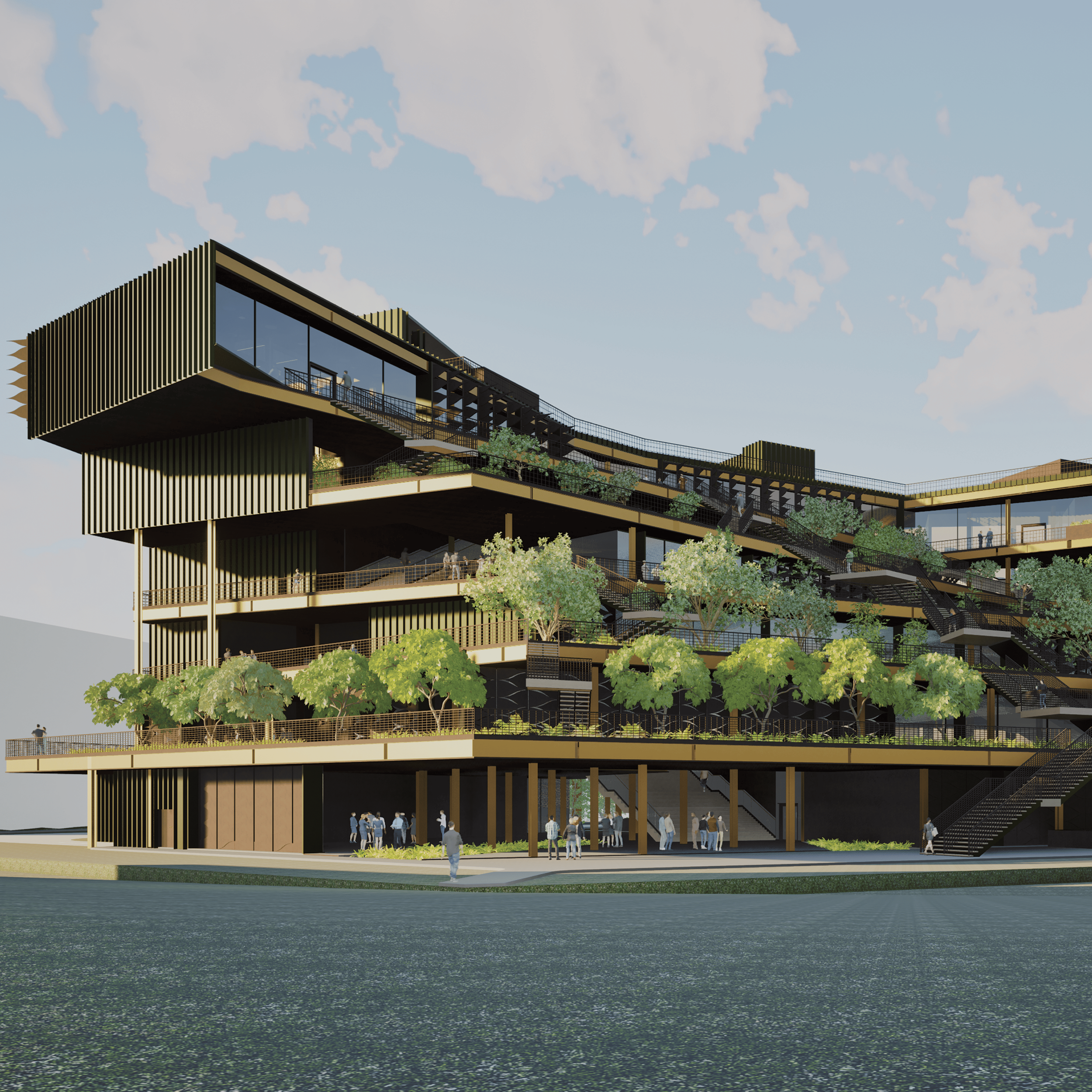 A modern multi-story architectural building with extensive glass windows and outdoor terraces featuring greenery and trees, with people walking around and on the building.