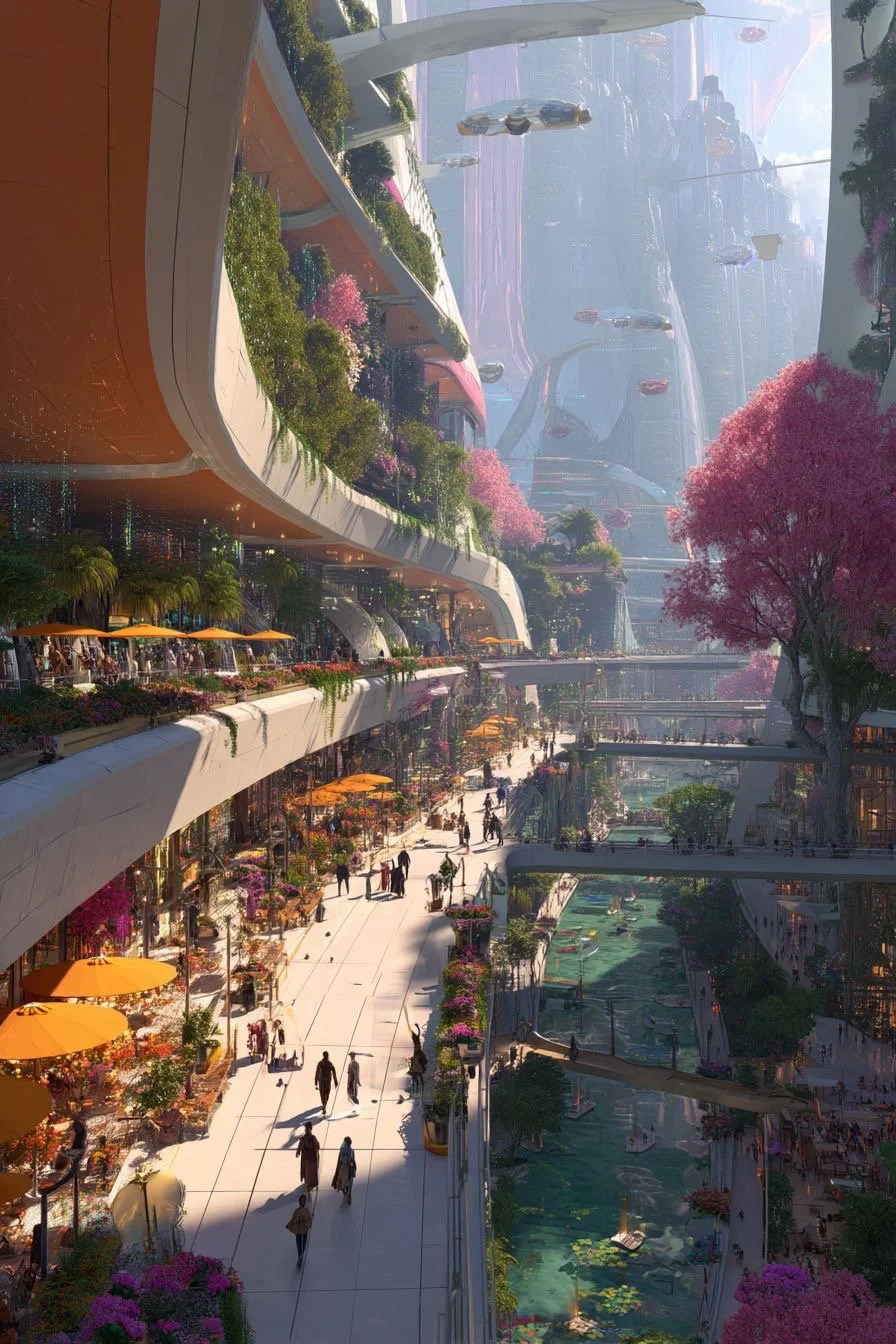Futuristic cityscape with multi-level walkways, lush greenery, pink flowering trees, and reflective glass buildings.