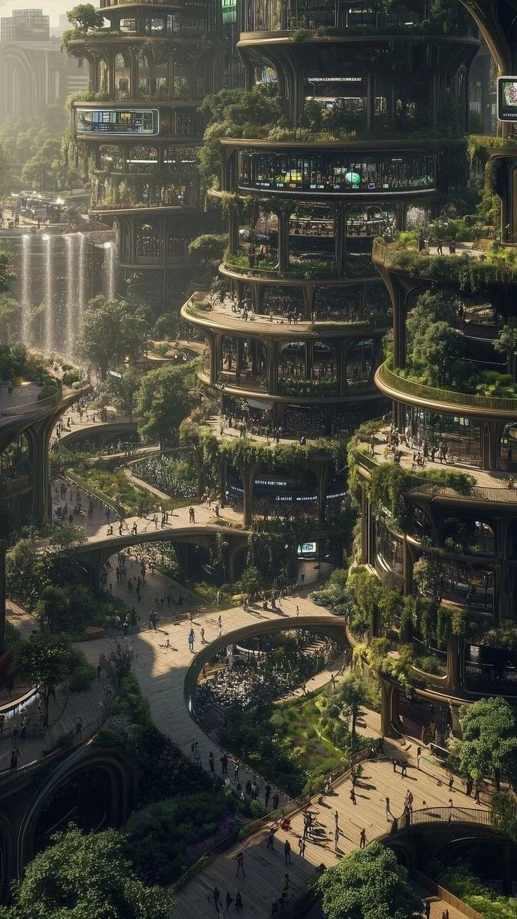 A futuristic cityscape with multiple high-rise buildings featuring organic, curved designs and green rooftop gardens, connected by winding pathways and walkways with pedestrians walking around.