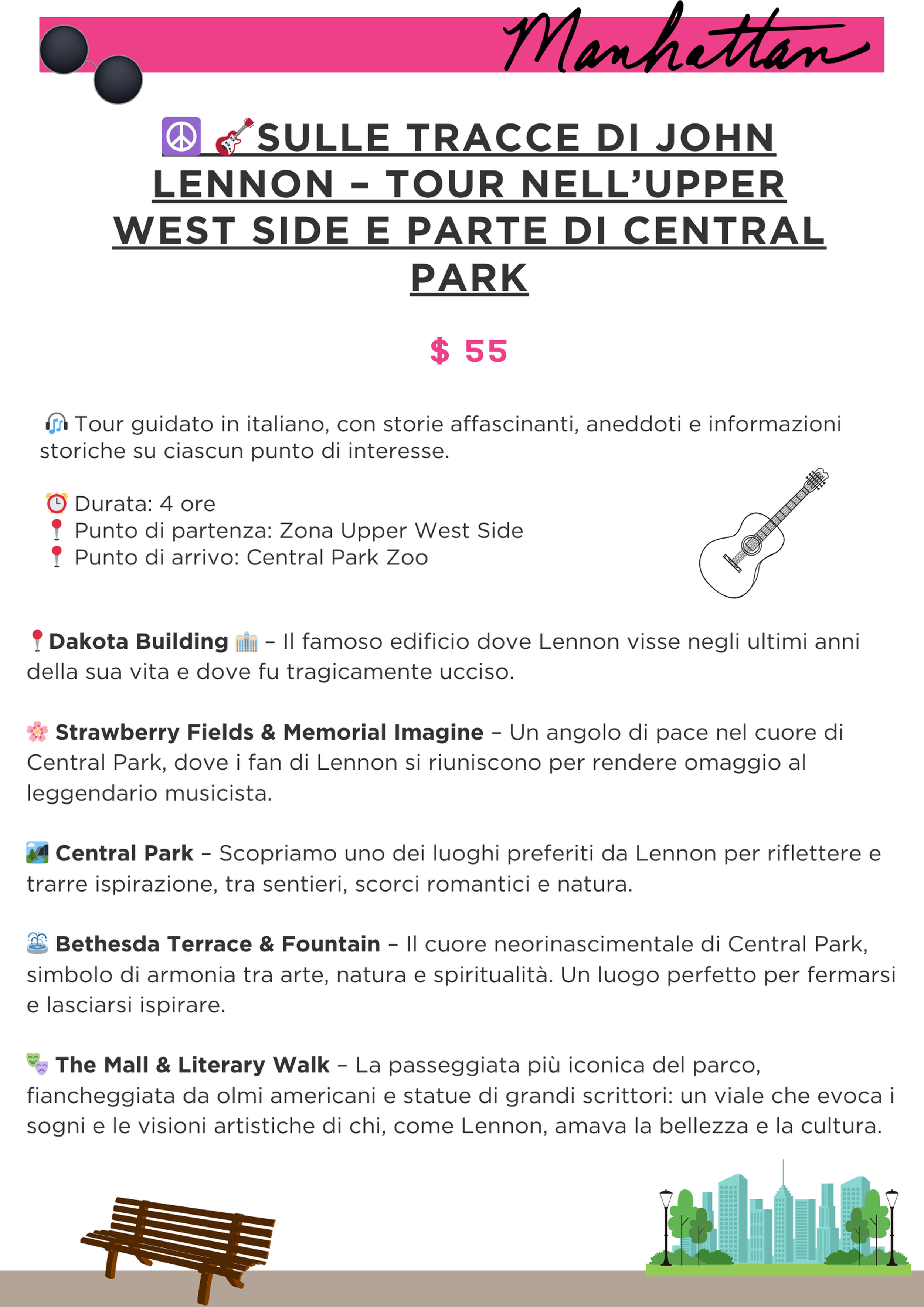 Una locandina di un tour guidato a Central Park, New York, dedicato alle tracce di John Lennon, con dettagli sui punti di interesse, durata e costo.