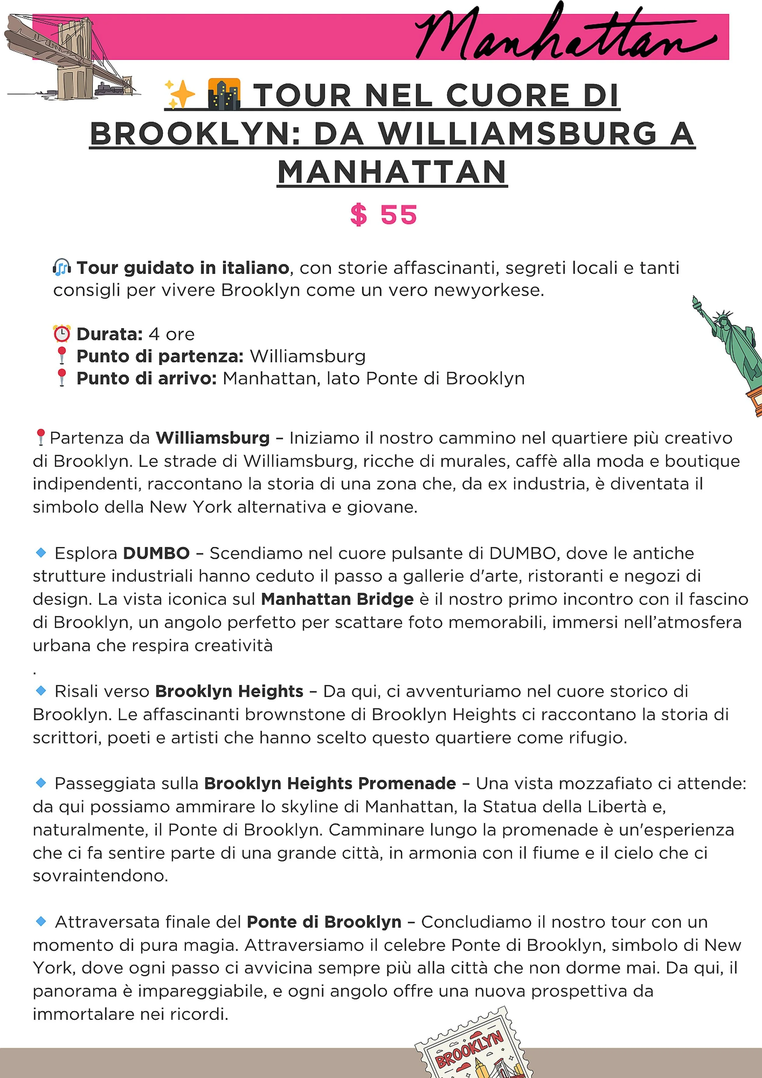 Locandina di un tour guidato in italiano nel quartiere di Brooklyn, da Williamsburg a Manhattan, con dettagli sul percorso e le attrazioni, decorata con immagini dello skyline e della Statua della Libertà.