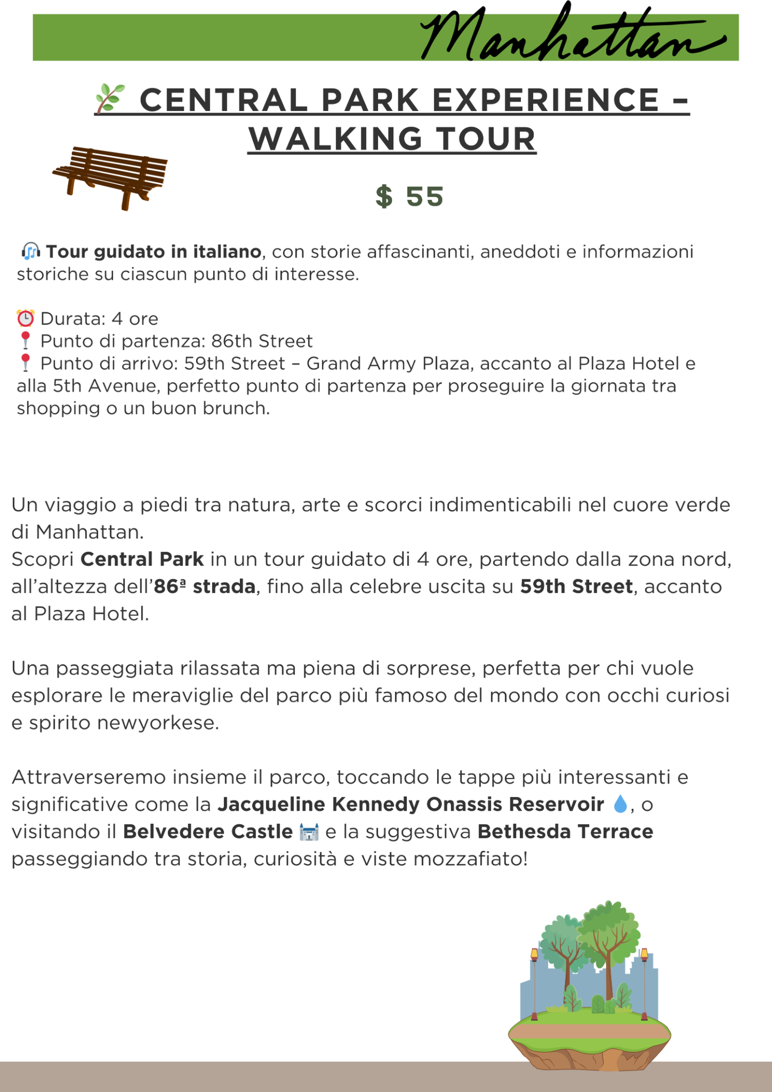Pubblicità di un tour guidato a Manhattan con descrizione dettagliata del percorso e delle attrazioni, include immagini di una panchina e di un'illustrazione di un parco con alberi e panchine.