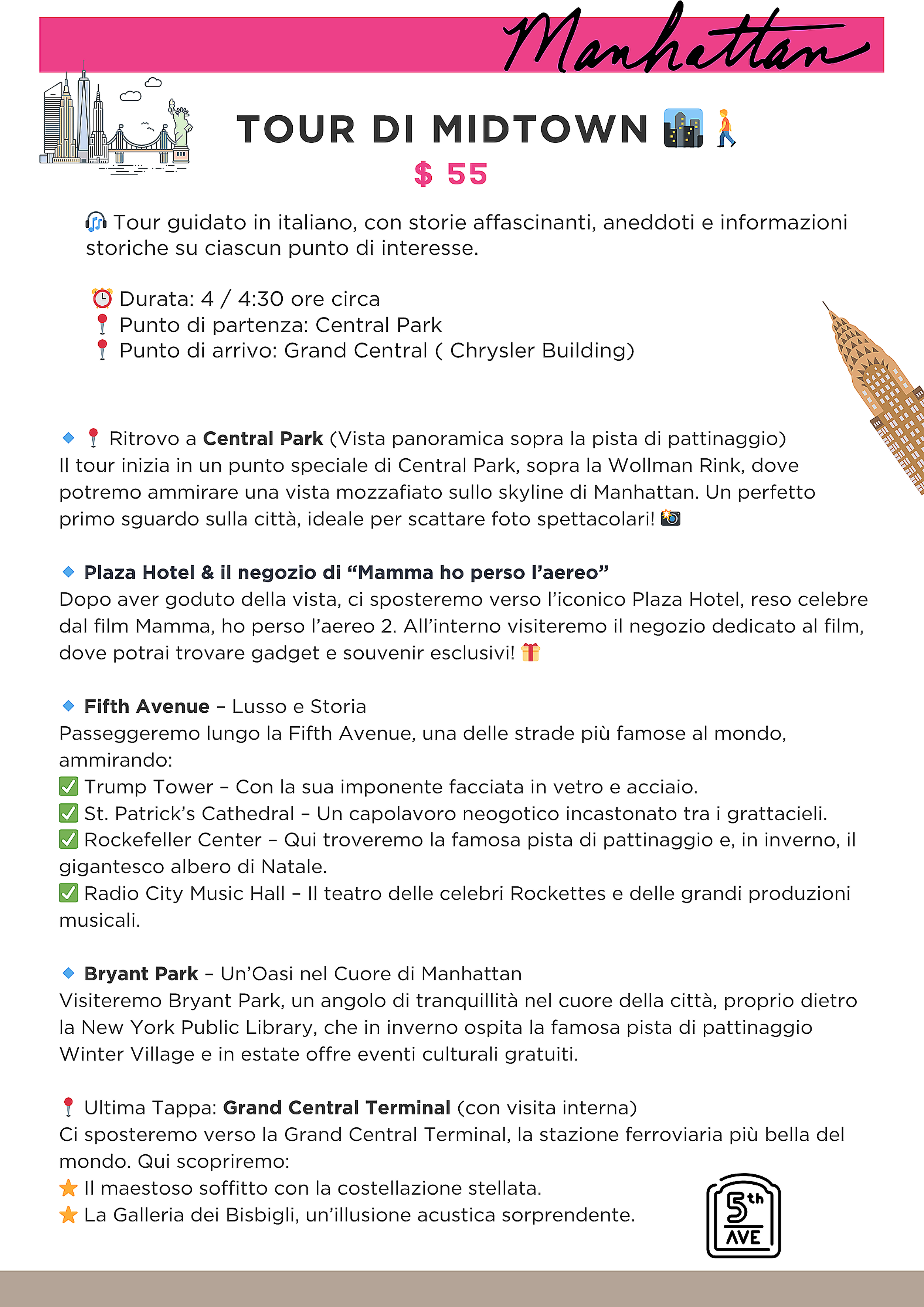 Brochure in italiano che pubblicizza un tour guidato a Manhattan, con dettagli sugli itinerari e attrazioni principali come Central Park, Plaza Hotel, Fifth Avenue, Bryant Park e Grand Central Terminal, illustrata con icone e immagini di skyline.