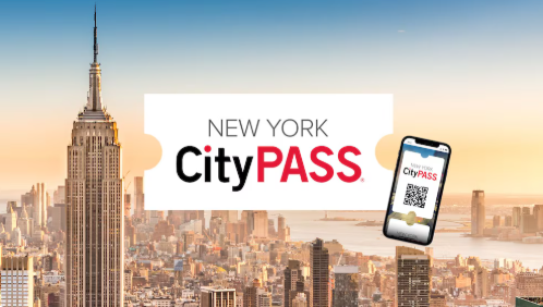 Immagine con skyline di New York, il Empire State Building e un telefono che mostra la CityPASS