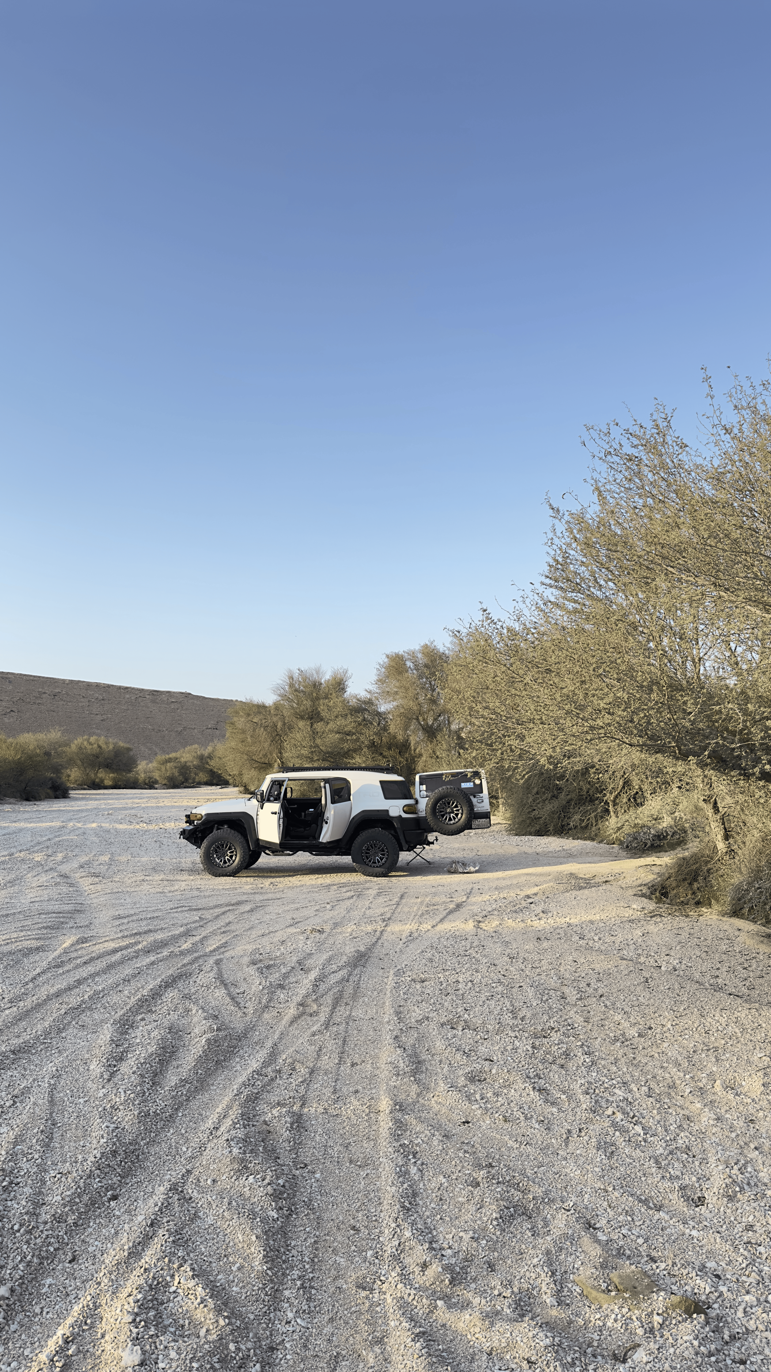 A white off-road vehicle with open doors parked on a desert-like gravel terrain next to some bushes and trees under a clear blue sky.