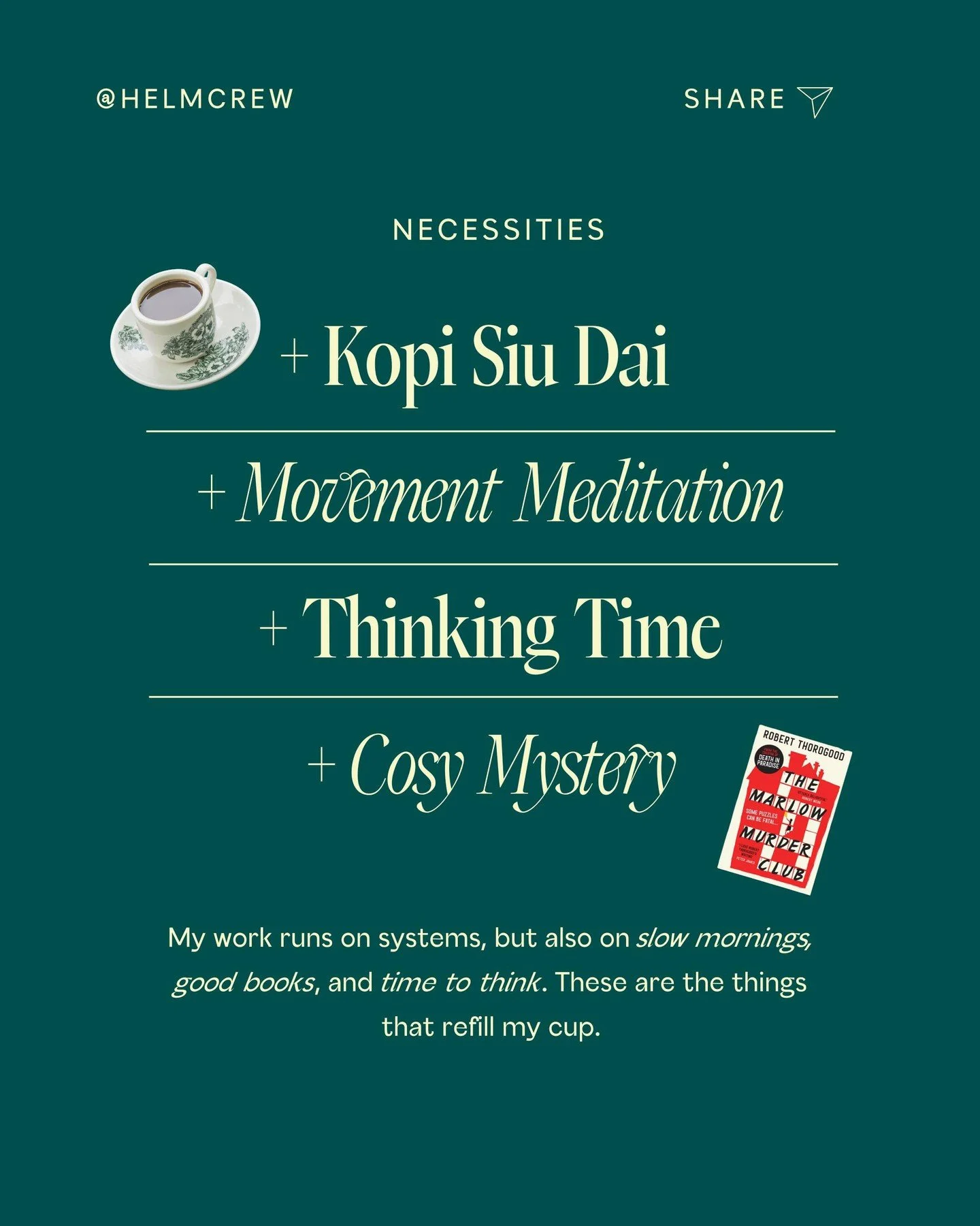 What fuels your work behind the scenes?

Mine runs on systems but also on slow mornings, strong kopi, and just enough quiet to hear my own thoughts.

Add in a good book (cosy mystery, always 🔎) and I&rsquo;m good to go.

What&rsquo;s on your necessi