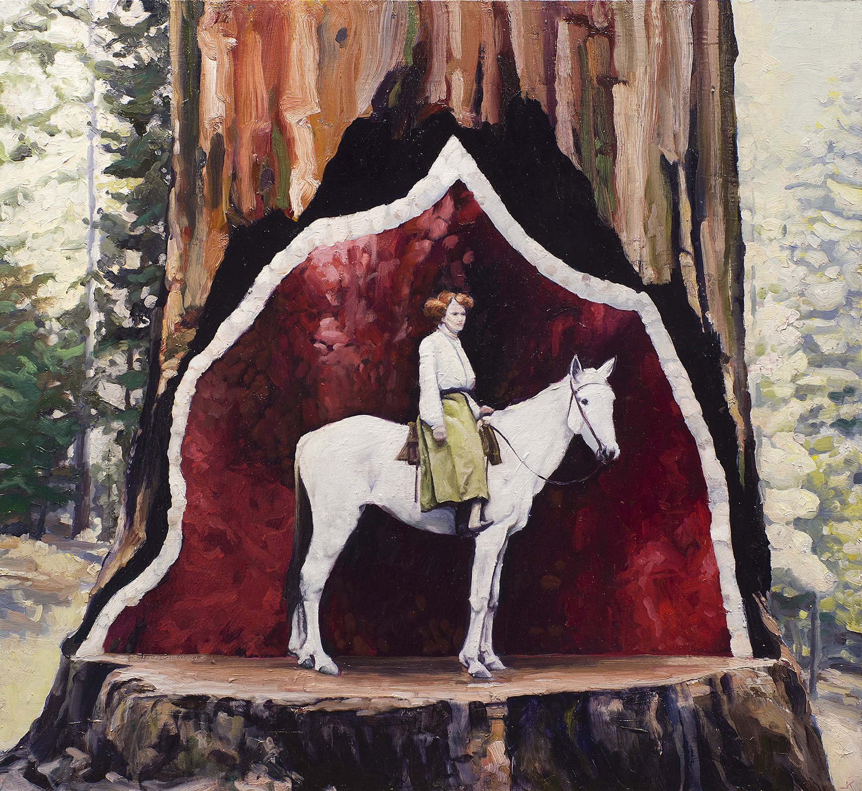 Showtime in the redwoods 2018, oil on board, 60 x 50 cm.