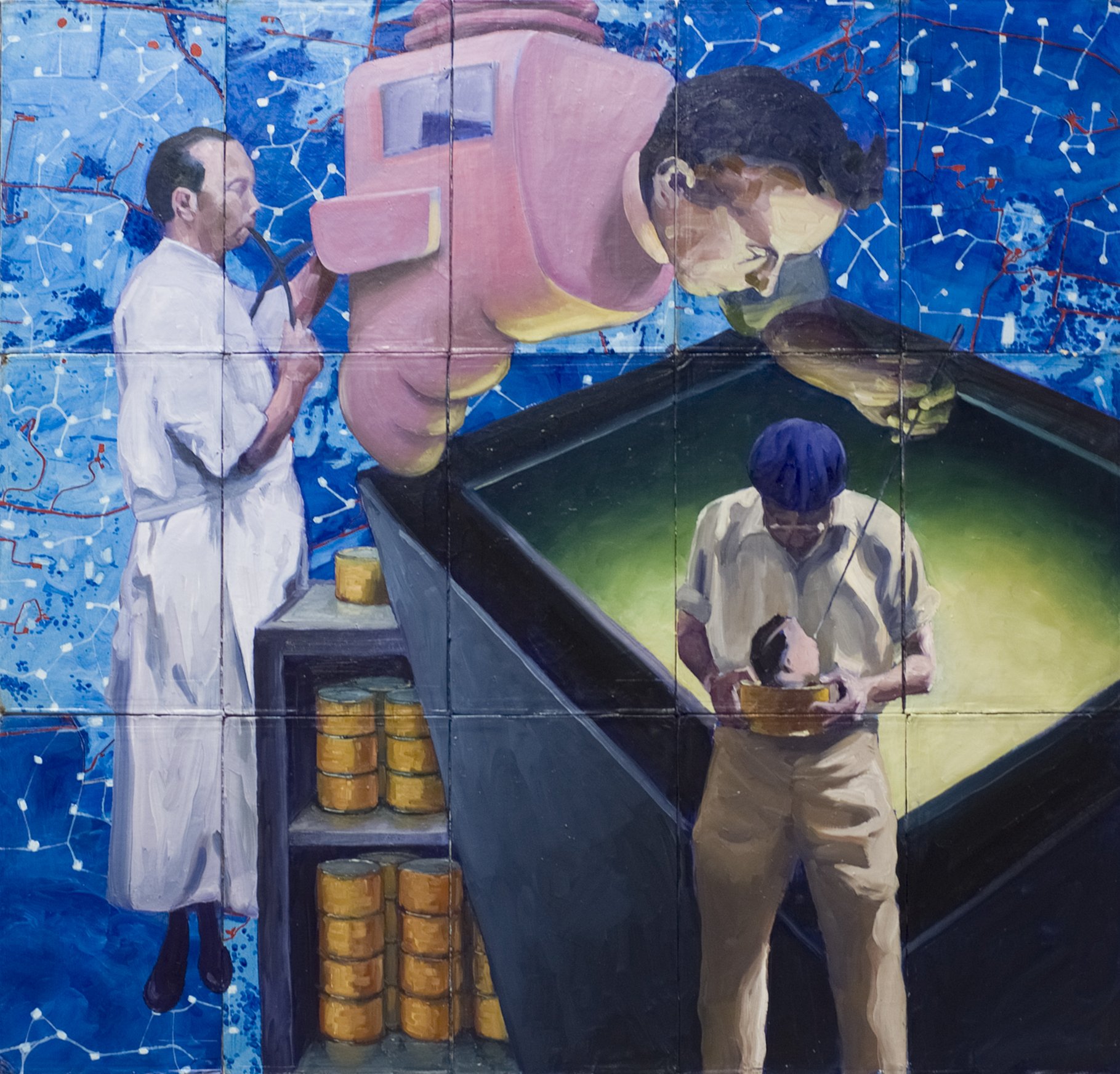 The experiment 2014, oil on multiple bookcovers, 65 x 65 cm. Private collection