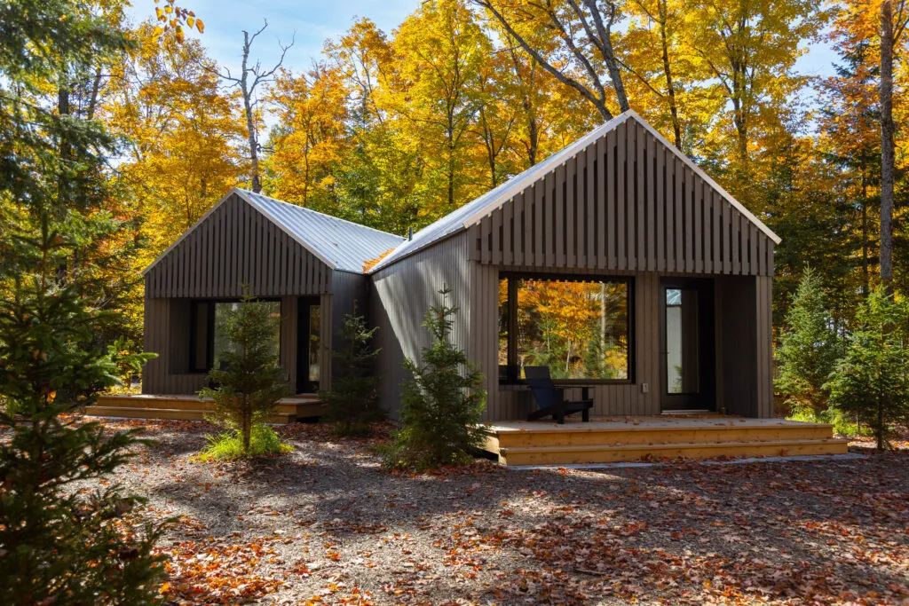 Modern forest cabin exterior at Dimensions Retreat, nestled in Algonquin Highlands.