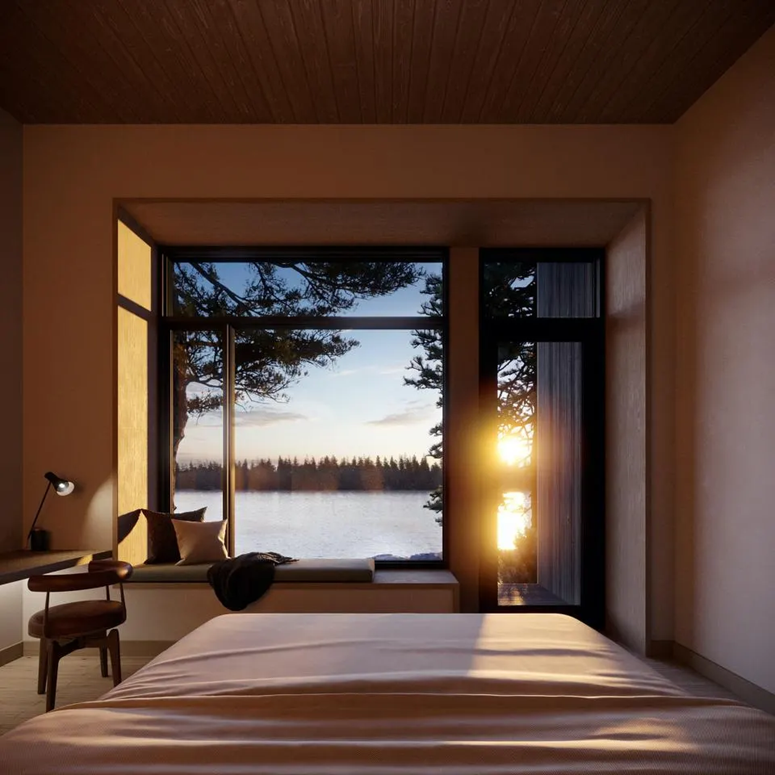 Peaceful lakeview bedroom at golden hour—where nature meets rest.