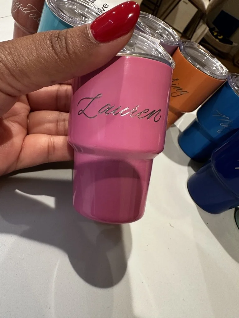Engraved mini pink shot glass. 
