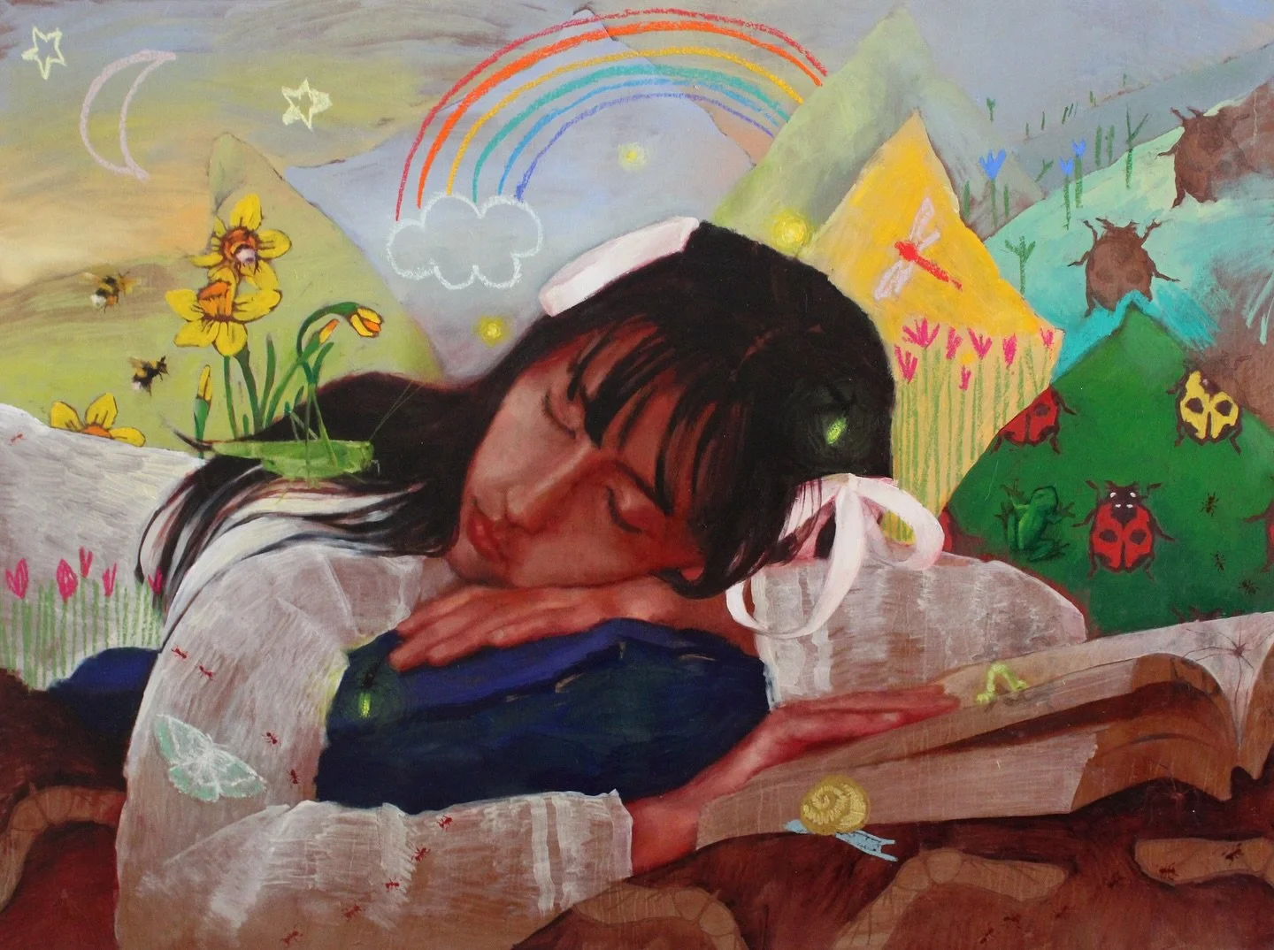 Ladybug 2 🐞 oils &amp; pastel on wood panel 18x24&rdquo; 
A piece about childhood nostalgia and the little things that got me through the hardest days. Noticing the little things and how beautiful they were always made me happy. I know who I am now 