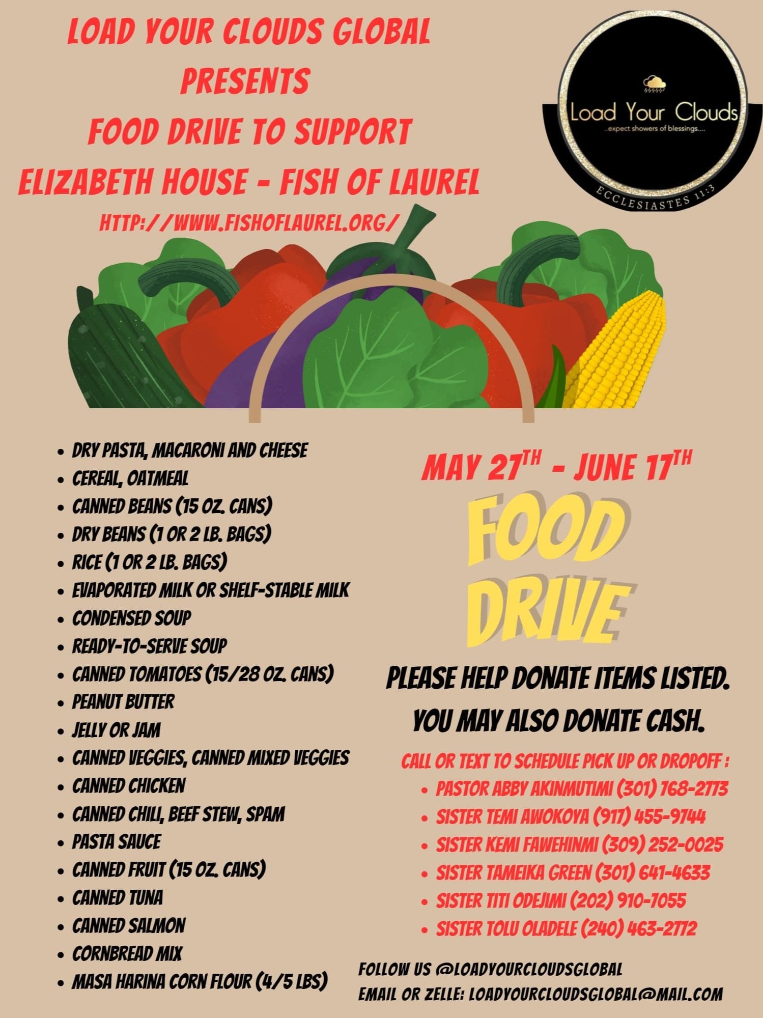Flyer for a food drive supporting Elizabeth House in Laurel, featuring an illustration of fresh vegetables and details of the event occurring from May 27th to June 17th, with a list of accepted food items, contact information, and encouragement for monetary donations.