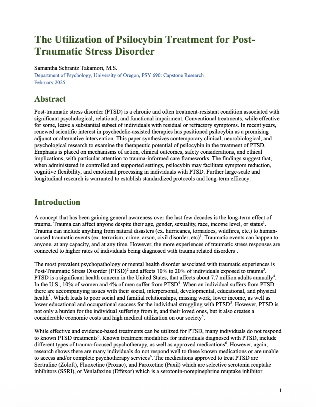Research article titled 'The Utilization of Psilocybin Treatment for Post-Traumatic Stress Disorder' by Samantha Krantz Takamori, published in February 2025, discussing clinical and scientific aspects of psilocybin for PTSD.